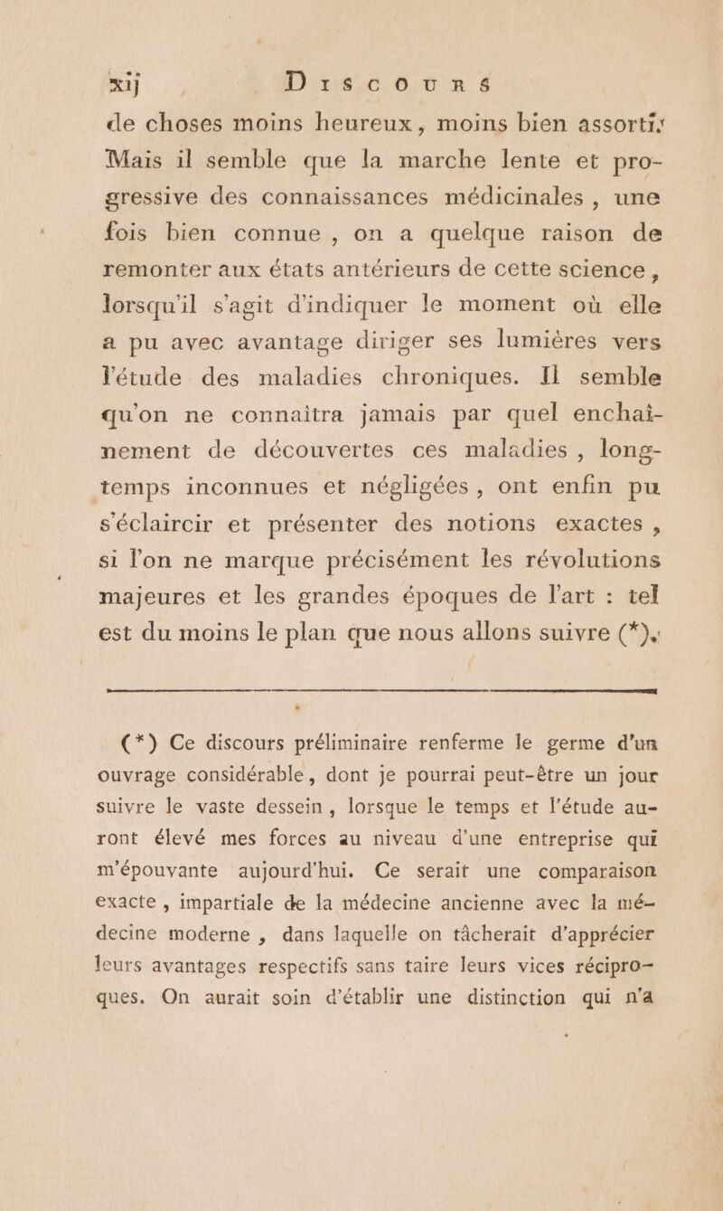 ... Los 0ù en € de choses moins heureux, moins bien assorti: Mais il semble que la marche lente et pro- gressive des connaissances médicinales , une fois bien connue , on a quelque raison de remonter aux états antérieurs de cette science, lorsqu'il s'agit d'indiquer le moment où elle a pu avec avantage diriger ses lumières vers ‘étude des maladies chroniques. Il semble qu'on ne connaitra jamais par quel enchai- nement de découvertes ces maladies , long- temps inconnues et négligées, ont enfin pu s'éclaircir et présenter des notions exactes , si lon ne marque précisément les révolutions majeures et les grandes époques de l'art : tel est du moins le plan que nous allons suivre (*}. (*) Ce discours préliminaire renferme le germe d’un ouvrage considérable, dont je pourrai peut-être un jour suivre le vaste dessein, lorsque le temps et l’étude au- ront élevé mes forces au niveau d’une entreprise qui m'épouvante aujourd'hui. Ce serait une comparaison exacte , impartiale de la médecine ancienne avec la mé- decine moderne , dans laquelle on tâcherait d'apprécier leurs avantages respectifs sans taire leurs vices récipro- ques. On aurait soin d'établir une distinction qui n'a