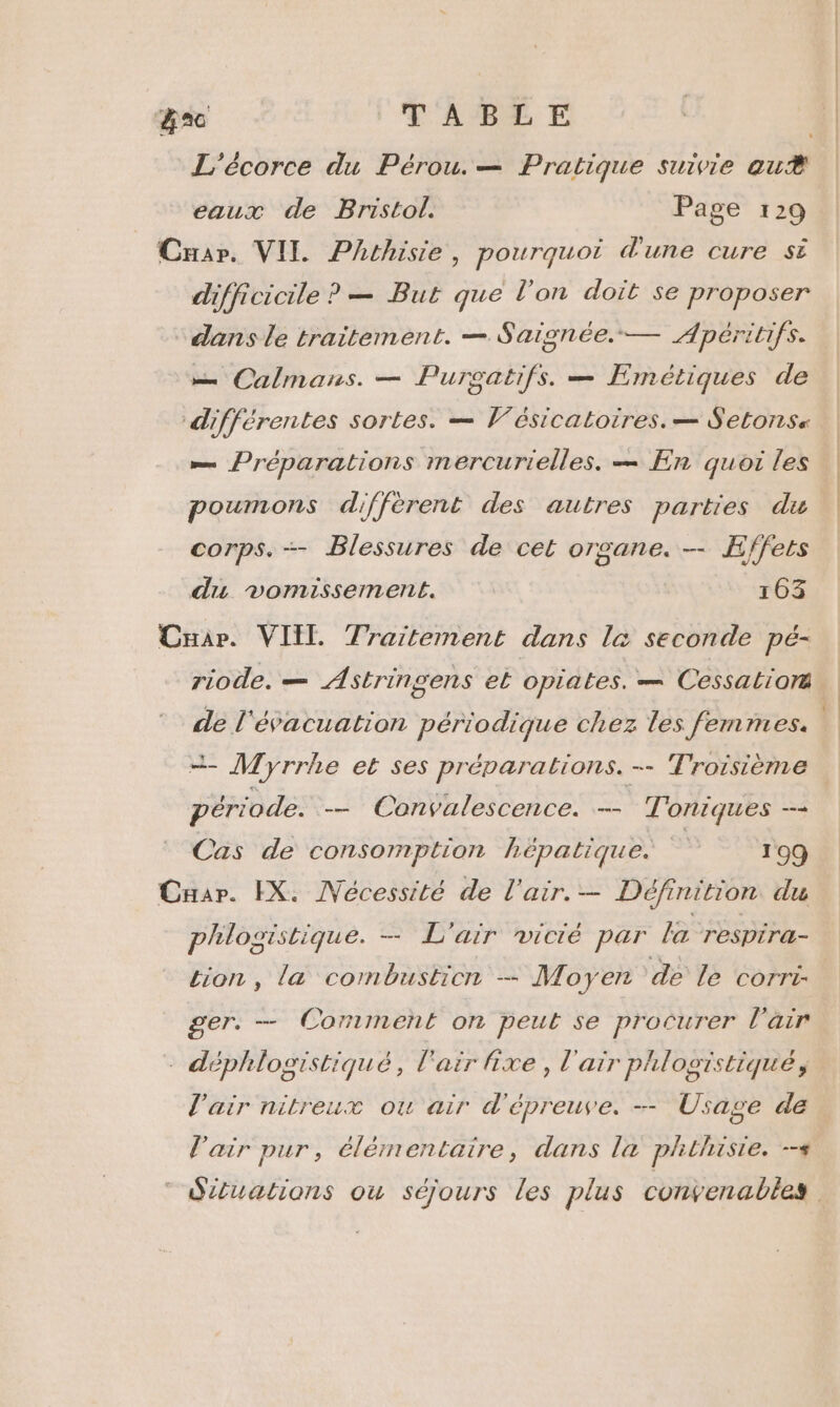 L'écorce du Pérou. — Pratique suivie eu® eaux de Bristol. Page 129 Cnar. VII Phthisie, pourquoi d'une cure st difficicile ? — But que l'on doit se proposer dans le traitement. — Saignée.— Apéritifs. = Calmans. — Pursatifs. = Emétiques de différentes sortes. — l’ésicatoires. — Setonse == Préparations mercurielles. — En quoi les poumons diffèrent des autres parties du Corps. — PBlessures de cet organe. — Effets a du vomissement. 163 Cuar. VIIE Traitement dans la seconde pé- riode. — ÆAstrinsens el oplates. — Cessation | de l'évacuation périodique chez les femmes. | + Myrrhe et ses préparations. -- Troisième période. — Convalescence. - Toniques —- Cas de consomption hépatique. | 199 Caar. IX. Nécessité de l'air. — Définition du phlogistique. — L'air viclé par La respira- tion, l&amp; combustion — Moyen de le corri- ger. — Comment on peut se procurer l'air - déphlogistiqué, l'air fixe, l'air phlogistiqué, l'air nitreux ou air d'épreuve. -- Usage de l'air pur, élémentaire, dans la phlusie. --# Siualions ou séjours les plus convenables