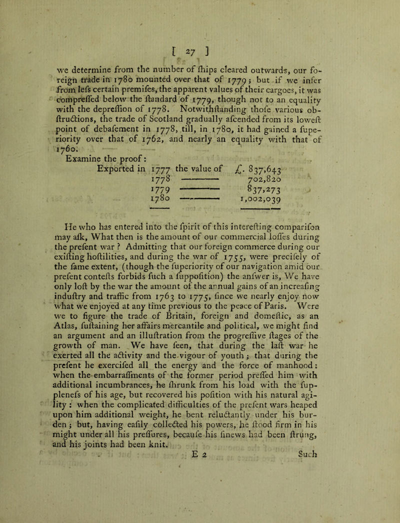 we determine from the number of fhips cleared outwards, our fo- reign trade in 1780 mounted over that of 1779; but if we infer from lefs certain premifes, the apparent values of their cargoes, it was compreifed below the ftandard of 1779, though not to an equality with the depreffion of 1778. Notwithftanding thofe various ob- ftrudtions, the trade of Scotland gradually afcendedfrom its loweft point of debafement in 1778, till, in , 1780, it had gained a fupe- riority over that of 1762, and nearly an equality with that of 1760. Examine the proof: Exported in 1777 the value of jT. 837,643 1778 1779 1780 702,820 837,273 1,002,039 He who has entered into the fpirit of this interefting comparifon may afk. What then is the amount of our commercial Ioffes during the prefent war ? Admitting that our foreign commerce during our exiffing hoftilities, and during the war of 1755, were precifely of the fame extent, (though the fuperiority of our navigation amid our_ prefent conteffs forbids fuch a fuppofition) the anfwer is. We have only loft by the war the amaunt of the annual gains of an jncreafing induftry and traffic from 1763 to 1775, fmee we nearly enjoy now what we enjoyed at any time previous to the peace of Paris. Were we to figure the trade of Britain, foreign and domeftic, as an Atlas, fuftaining her affairs mercantile and political, we might find an argument and an illuftration from the progreffive ftages of the growth of man. We have feen, that during the laft war he exerted all the adlivity and the.vigour of youth ; that during the prefent he exercifed all the energy and the force of manhood i when the embarraffments of the former period preffed him with additional incumbrances, he flirunk from his load with the fup- plenefs of his age, but recovered his pofition with his natural agi- lity ; when the complicated difficulties of the prefent wars heaped upon him additional weight, he bent reludtantly under his bur- den ; but, having eafily collected his powers, he ftood firm in his might under all his preffures, becaufe his finews had been flrung, and his joints had been knit. E 2 Such