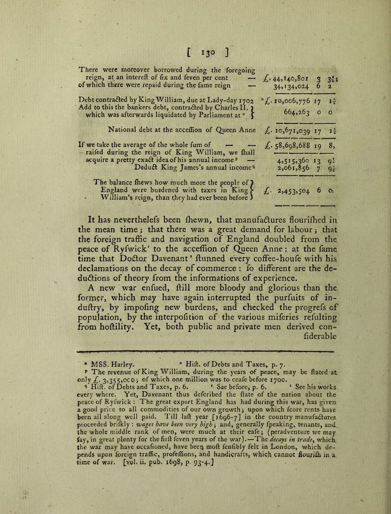 [ 13° ] There were moreover borrowed during the foregoing reign, at an intereft of fix and feven per cent — of which there were repaid during the fame reign Debt contradled by King William, due at Lady-day 1702 Add to this the bankers debt, contradted by Charles II. 1 which was afterwards liquidated by Parliament at ° J National debt at the accellion of Queen Anne If we take the average of the whole fum of — — raifed during the reign of King William, we fliall acquire a pretty exa^I idea of his annual income? — Deduft King James’s annual income^ The balance fhews how much more the people of T England were burdened with taxes in King X - William’s reign, than they had ever been before ' 44,140,801 3 3li 34,134,024 6 2 10,006,776 n I — 664,263 0 0 £■ 10,671,039 17 12 L- 58,698,688 19 8, 4>Si5»36o 13 9I 2,061,856 7 9x- £■ 2,453^504 6 0) It has neverthelefs been Ihewn, that manufactures flourifhed in the mean time; that there was a great demand for labour; that the fpreign traffic and navigation of England doubled from the. peace of Ryfwick/ to the acceffion of Queen Anne: at the fame time that DoClor Davenant ’ ftunned every coffee-houfe with his declamations on the decay of commerce : fo different are the de- ductions of theory from the informations of experience. A new war enfued, Itill more bloody and glorious than the former, which may have again interrupted the purfuits of in- duftry, by impofing new burdens, and checked the progrefs of population, by the interpofition of the various miferies refulting from hoftility. Yet, both public and private men derived con- fiderable * MSS. Harley. ® Hift. of Debts and Taxes, p. 7. ? The revenue of King William, during the years of peace, may be ftated at only £. 3,355,000 j of which one million was to ceafe before 1700. ^ Hift, of Debts and Taxes, p. 6, ' See before, p. 6. * See his works every where. Yet, Davenant thus deferibed the ftate of the nation about the peace of Ryfwick : The great export England has had during this war, has given a good price to all commodities of our own growth; upon which fcore rents have been all along well paid. Till laft year [1696-7] in the country manufadlures proceeded brifkly : wages have been very high \ and, generally fpeaking, tenants, and, the whole middle rank of men, were much at their eafe; (peradventure we may fay, in great plenty for thefirft feven years of the war).—The decays in trade, which the war may have occafioned, have beeij moft fenfibly felt in London, which de- pends upon foreign traffic, profeffions, and handicrafts, which cannot flourjih in a