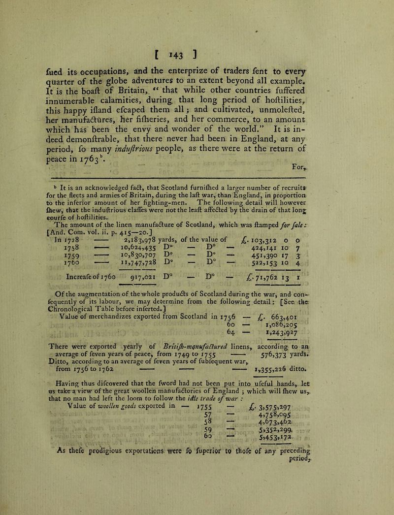 fucd its occupations, and the enterprize of traders fent to every quarter of the globe adventures to an extent beyond ail example. It is the boad: of Britain, ** that while other countries fuffered innumerable calamities, during, that long period of hoftilitieSy this happy ifland efcaped them all; and cultivated, unmolefted, her manufadlures, her fifheries, and her commerce, to an amount which has been the envy and wonder of the world.” It is in- deed demonftrable, that there never had been in England, at any period, fo many indujirious people, as there were at the return of peace in 1763*’. It is an acknowledged fadi, that Scotland furnifhed a larger number of recruits for the fleets and armies of Britain, during the laft war, than England, in proportion to the inferior amount of her fighting-men. The following detail will however fhew, that the induftrious clalTes were not the Icaft afFedled by the drain of that long eouffe of hofliilities. The amount of the linen manufadture of Scotland, which was ftamped far faU : In 1728 2,183,978 yards, 10,624,435 D'*^ of the value of £• i03»3I2 0 p 1758 — — D*^ — 424,141 10 7 1759 10,830,707 -D® — D“ — 451>390 *7 3 1760 ——« 11,747,728 Do __ D° — 522,153 10 4. Increafe of 1760 917,021 D° — D^ ■— 71*762 13 I Of the augmentation of the whole produdls of Scotland during the war, and con— fequenlly of its labour, we may determine from the following detail ; [See the. Chronological Table before inferted.] Value of merchandizes exported from Scotland in 1756 — f. 663,401 60 — 1,086,205 64 — 1,243,927 There were exported yearly of BrttiJh-m^nufaSiured linens, according to an average of feven years of peace, from 1749 to 1755 576,373 yards. Ditto, according to an average of feven years of fubfequent war,. from 1756 to 1762 — ■  1^355,226 ditto. Having thus difeovered that the fword had not been put into ufeful hands, let us take a view of the great woollen manufadlories of England ; which will ftiew us,, that no man had left the loom to follow the idie trade of war : Value of woollen goods txpoitsd in — J755 — 57 — 58 - 59 — 60 — £> 3>575>297 4>758,095 4,673,462 5>352»299.. 5,453,172. As thefe prodigious exportations were fo fuperior to thofc of any preceding period j