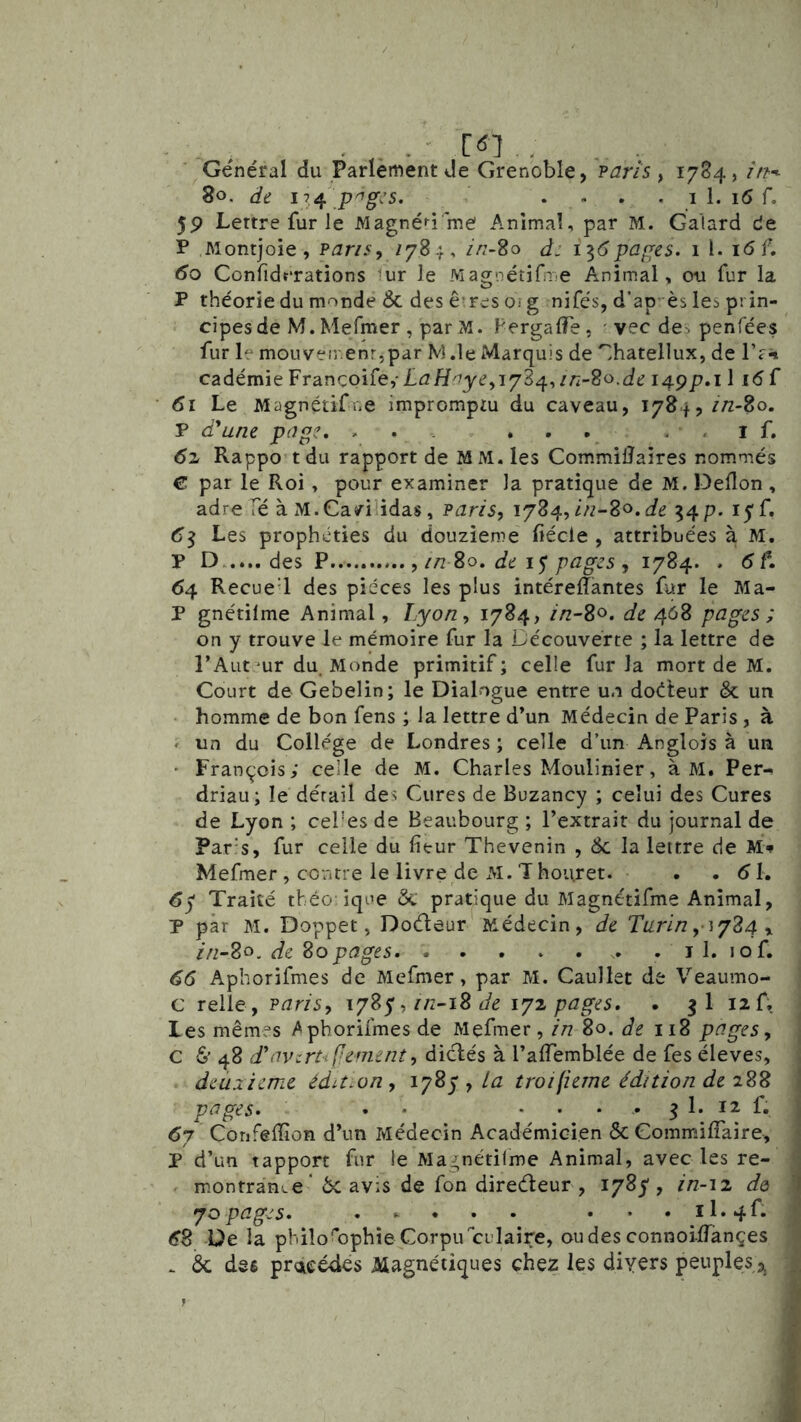 ■ .. . . Général du Parlement de Grenoble, ?aris ^ 1724, în^ 80. de l7^i. p'^gcs. . - . . 1 1. 16 r. 5P Lettre fur le Magnéi-i rne Animal, par M. Galard de P Montjoie, Pans, 17^-t- d: 1^6papes. 1 l. 16 f. 60 Confiderations tur le Magnétjfme Animal, ou fur la P théorie du monde & des ê-res oi g nifés,d’ap’'èslespi in- cipesde M.Mefmer , pariM. FergalTe, vec des penfées fur l'^ mouveir.enrjpar M.leMarquis de ^.hatellux, de 1’?^* cadémie Francoife,-£i2/ï^7je,i734,//i-8o.dÉ? i49P«i 1 f 61 Le Magnétifne impromptu du caveau, 1784,//z-80. P d'une pape, , . . ... . . i f. 6z Rappo tdu rapport de MM. les Commilîaires nommés € par le Roi , pour examiner la pratique de M. Deflon , adre Té à xM. Ca/i idas, Paris, 1784, i/t-8o. de ^4p. 15 f. 6^ Les prophéties du douzième fiécle , attribuées à M. P D des P /n So. de pages , . 6 f. 64 Recued des pièces les plus intérefîàntes fur le Ma- P gnétilme Animal, Lyon, 1784, in~S^, de 468 pages; on y trouve le mémoire fur la Découverte ; la lettre de l’Autmr du Monde primitif; celle fur la mort de M. Court de Gebelin; le Dialogue entre u.i doéteur & un homme de bon fens ; la lettre d’un Médecin de Paris , à ' un du College de Londres ; celle d’un Anglois à un • François; celle de M. Charles Moulinier, à M. Per-i driau; le détail des Cures de Buzancy ; celui des Cures de Lyon ; ceTes de Beaubourg ; l’extrait du journal de Par's, fur celle du fleur Thevenin , de la lettre de M- Mefmer , contre le livre de xM. T houjet. . .61, 6^ Traité tbéo-ique dc pratique du Magnétifme Animal, P par M. Doppet, Dodaur Médecin, de Turin ^^7^4 r /V2-80. de 80 pages i 1. lof. 66 Aphorifmes de Mefmer, par M. Caullet de Veaumo- j c relie, Paris, 17%$, in-i^ de i7z pages. . 3I iif. Les mêmes -Aphoriimes de Mefmer, in 80. de 118 pages, C 6* 48 d'avcrufjement, dictés à l’afTemblée de fes éleves, deuxieme, édit.on, 1787,/r2 troifieme édition de pages, • • .... 3 1. 12 f. 67 Confeflion d’un Médecin Académicien & Commifîaire, P d’un tapport fur le Magnétilme Animal, avec les re- montrante ' 6c avis de fon diredeur , 1785, in-12 dô ; >70 pages, • • . il.4f. j 68 Ve la philosophie CorpuTuIaire, oudes connoiiTànçes ; . 6c dse praieédes Magnétiques chez les diyers peuples 3^