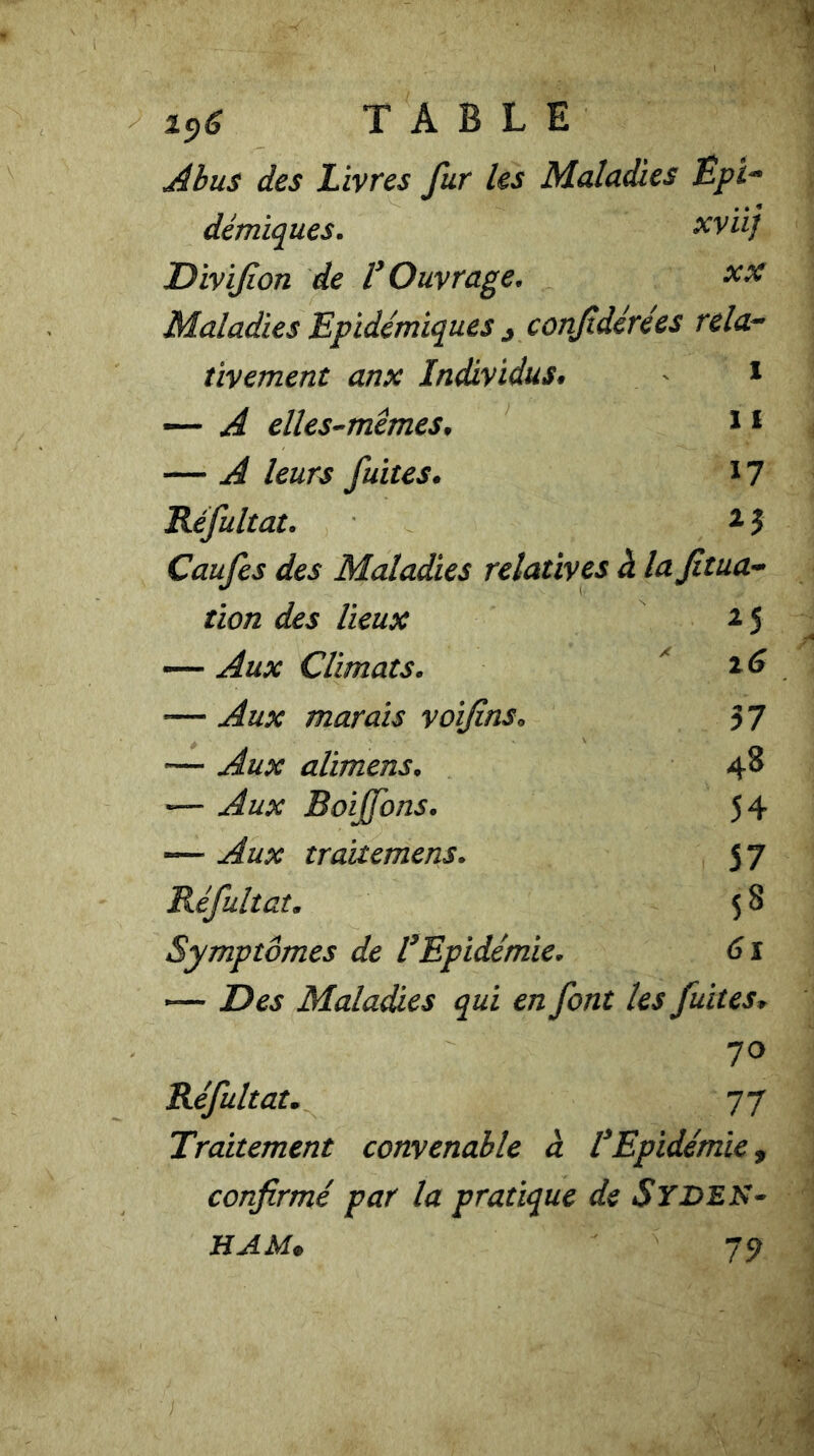 Abus des Livres fur les Maladies Ëpt** démiques. xviij Divifion de V Ouvrage. XX Maladies Epidémiques 3 confidérées rela- tivement anx Individus. l — A elles-mêmes. 11 — A leurs fuites. 17 Réfultat. 13 Caufes des Maladies relatives à lafitua- tion des lieux 2 5 — Aux Climats. *— Aux marais voifîns• 37 — Aux alimens. 48 — Aux Boijfons. 54 ~ Aux traitemens. 57 Réfultat. 58 Symptômes de l’Epidémie. 6s — Des Maladies qui en font les fuites» 70 Réfultat. 77 Traitement convenable à VEpidémie , confirmé par la pratique de SYDEN- HAM. 79