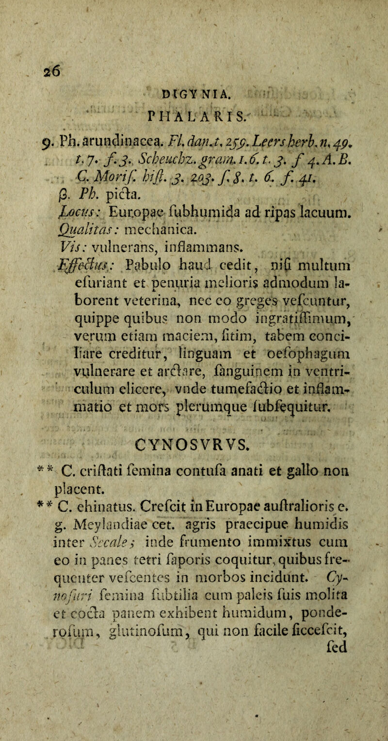 *6 DIGYNIA. PHALARIS. 9. Fh. arundinacea. FL danj. 25$. Leersherh. iu 49* t. 7.f j.x Scheuchz. gram* i.F. t, 3. f 4.A. B. C. Mori/, hift. 3. 203. / t. 6. f 41. (3. Fh. picta. /ociis: Eurjapae fubhumida ad ripas lacuum. Qualitas: mechanica. Vis: vulnerans, inflammans. Effectus.: Pabulo haud cedit, ni(x multum efuriant et penuria melioris admodum la- X borent veterina, ncc co greges vefcuntur, quippe quibus non modo ingratiffimum, verum etiam maciem, fitim, tabem conci- liare creditur, linguam et oefophagum vulnerare et arda re, fanguinem in ventri- culum elicere, vnde tumefadio et inflam- matio et mors plerumque fubfequitur, CYNOSVRVS. ** C. criftati femina contufa anati et gallo non placent. ** C. ehinatus. Crefcit in Europae auflralioris c. g. Meylandiae cet. agris praecipue humidis inter Secales inde frumento immixtus cum eo in panes tetri faporis coquitur, quibus fre- quenter vefcentes in morbos incidunt. Cy~ no/uri femina fubtilia cum paleis fuis molita et coda panem exhibent humidum, ponde- rofum, glutinofum, qui non facile ficcefcit,