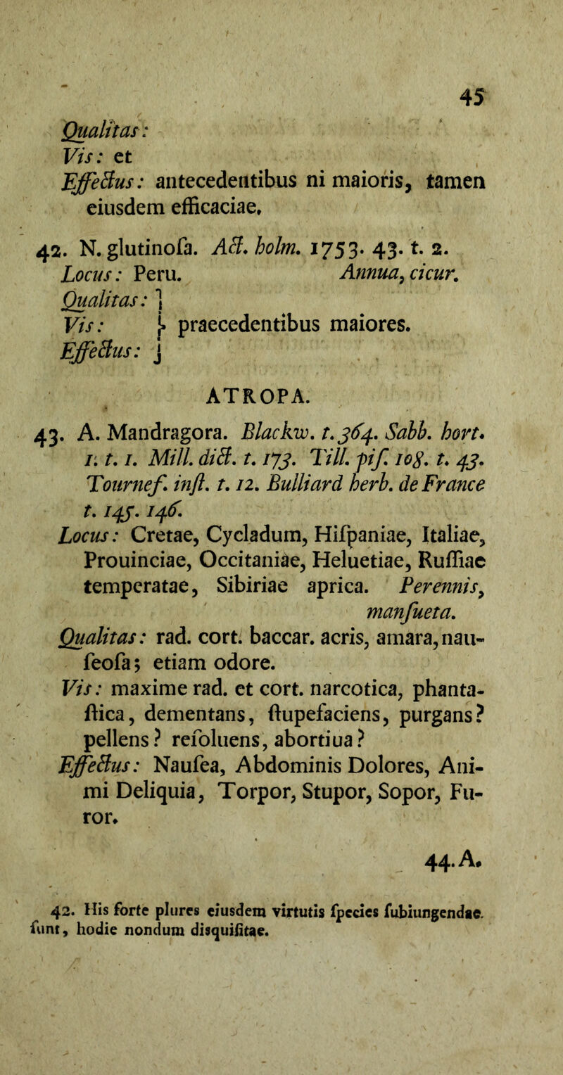 Qualitas: Vis: et EJfeBus: antecedentibus ni maioris, tamen eiusdem efficaciae, 42. N.glutinofa. AB. holm. 1753. 43. t. 2. Locus: Peru. Annua, cicur. Qualitas: ] Vis: j» praecedentibus maiores. Effetius: j ATROPA. 43. A. Mandragora. Blackvo. r. 364. Sabi. bort. /. t. /. Mill diti. r. /73». Till. fi/ iq$. t. Tournef. inft. r. /2. Bulliard herb. de Fr ance t. 14J. iff. Locus: Cretae, Cycladum, Hifpaniae, Italiae, Prouinciae, Occitaniae, Heluetiae, Ruffiae temperatae, Sibiriae aprica. Perennis, manfueta. Qualitas: rad. cort. baccar, acris, amara,nau- feofa; etiam odore. F/7: maxime rad. et cort. narcotica, phanta- ftica, dementans, ftupefaciens, purgans? pellens ? refoluens, abortiua ? Effetius: Naufea, Abdominis Dolores, Ani- mi Deliquia, Torpor, Stupor, Sopor, Fu- ror* 44-A* 42. His forte plures eiusdem virtutis fpccies fubiungendae. font, hodie nondum disquifitae.