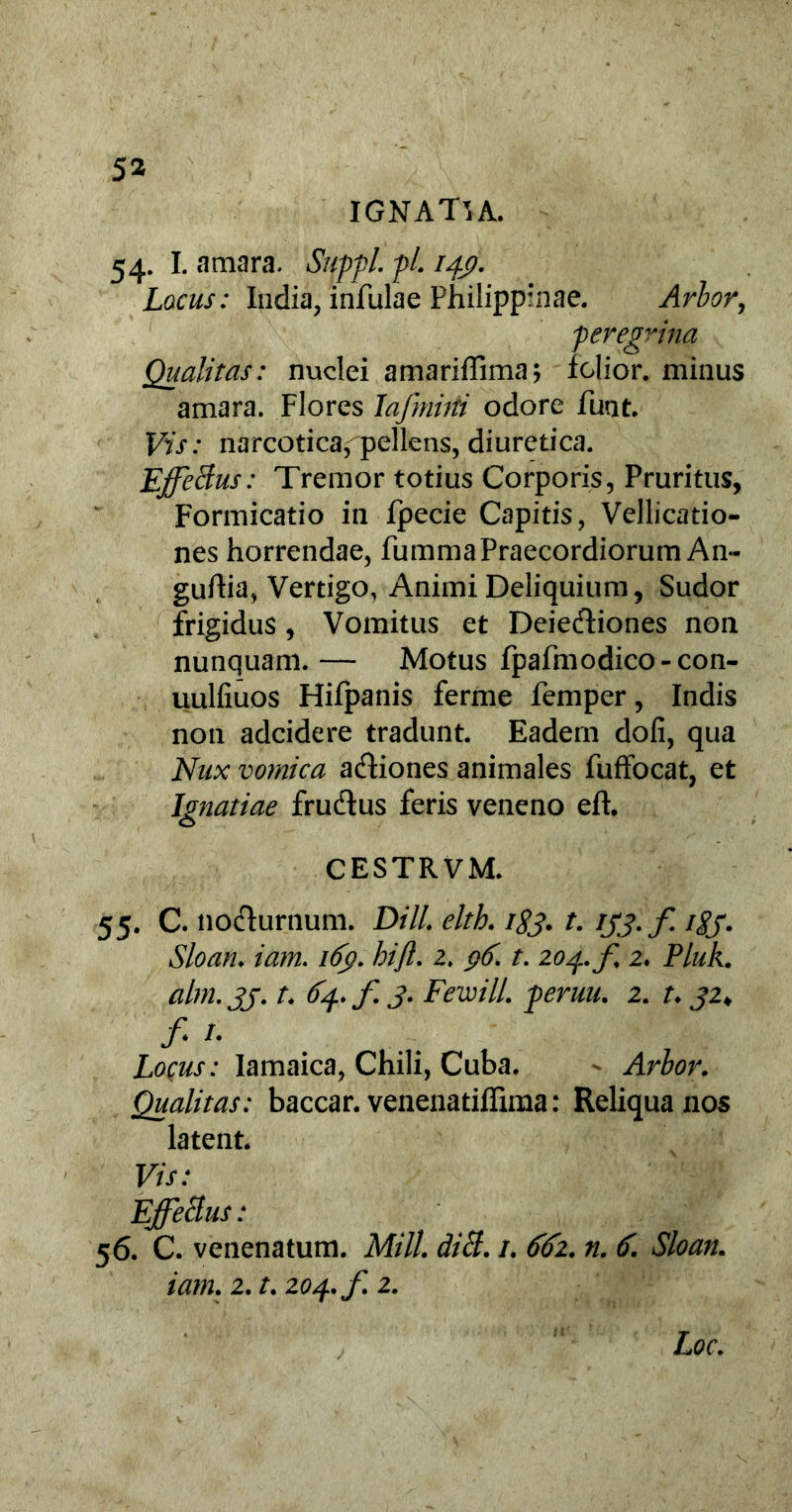 IGNATlA. 54. I. amara. Suppi, pl. 149. Locus: India, infulae Philippinae. Arbor, peregrina Qualitas: nuclei amariffima; felior, minus amara. Flores Iafmirii odore furit. Vis: narcotica, pellens, diuretica. Effetius: Tremor totius Corporis, Pruritus, Formicatio in fpecie Capitis, Vellicatio- nes horrendae, fummaPraecordiorumAn- guftia, Vertigo, Animi Deliquium, Sudor frigidus , Vomitus et Deiedtiones non nunquam. — Motus fpafmodico-con- uulfiuos Hifpanis ferme femper, Indis non adeidere tradunt. Eadem dofi, qua Nux vomica a&iones animales fuffocat, et Ignatiae fru&us feris veneno eft. CESTRVM. 55. C. no&urnum. DHL eltk i$j. t. iyg.f i$j. Sloan. iam. 169. bift. 2. 96. t. 204./ 2♦ Pluk. alm. 33. r. <$4. f 3. FevoilL peruu. 2. t. 32♦ /•* Locus: Iamaica, Chili, Cuba. - Arbor. Qualitas: baccar, venenatiffima: Reliqua nos latent Vis: Effetius: 56. C. venenatum. MilL diti. /. ^2. £ Sloan. iam, 2. r. 204./ 2. Z,0f.