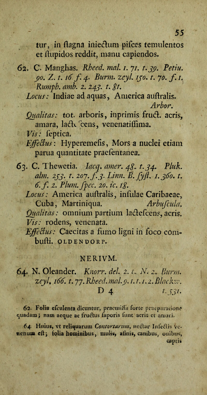 tur, in flagna inieclum pifces temulentos et ftupidos reddit, manu capiendos* 62. C. Manghas. Rheed. mal /. 71. t*3j. Petiu. yo. Z. t.16 f 4. Burm. zcyi 130♦ t. 70. f 1. Rumph. amb. 2. 243. t. <?/. Locus: Indiae ad aquas, America auftralis* Arbor. Qualitas: tot. arboris, inprimis frudi, acris, amara, ladtrens, venenatiffima. Vis: feptica. Effetius: Hyperemefis, Mors a nuclei etiam parua quantitate praefentanea.. 63. C. Thewetia. Iacq. ainer. 48. t.34. Pluk. <2/?72. 2J-J. f. 207. f 3. Limi. B.fyft. /. jtfb. r. 6. f 2. Pium. fpec. 20. ic. i$. Locus: America auflralis, infulae Caribaeae, Cuba, Martiniqua. Arbufculd. Qualitas: omnium partium ladtefcens, acris. F/V: rodens, venenata. Effetius: Caecitas a fumo ligni in foco com- bufti. OLDENDORP* NERIVM. 64. N. Oleander. Knorr. dei 2. u N. 2.. Burm. zeyl* /tfif. r. 77. RZ>m/. /. r. /. 2. Blackw. D 4 *.#/. 62. Folia efculenta dicuntur, pracmilfa forte praeparatione quadam) nam aeque ac fru&us faporis funt acris et amari* 64 Huius, vt reliquarum Contortarum, nectar Infe&is Ve- nenum efti folia hominibus , mutis, afinis, canibus, ouibus, capris