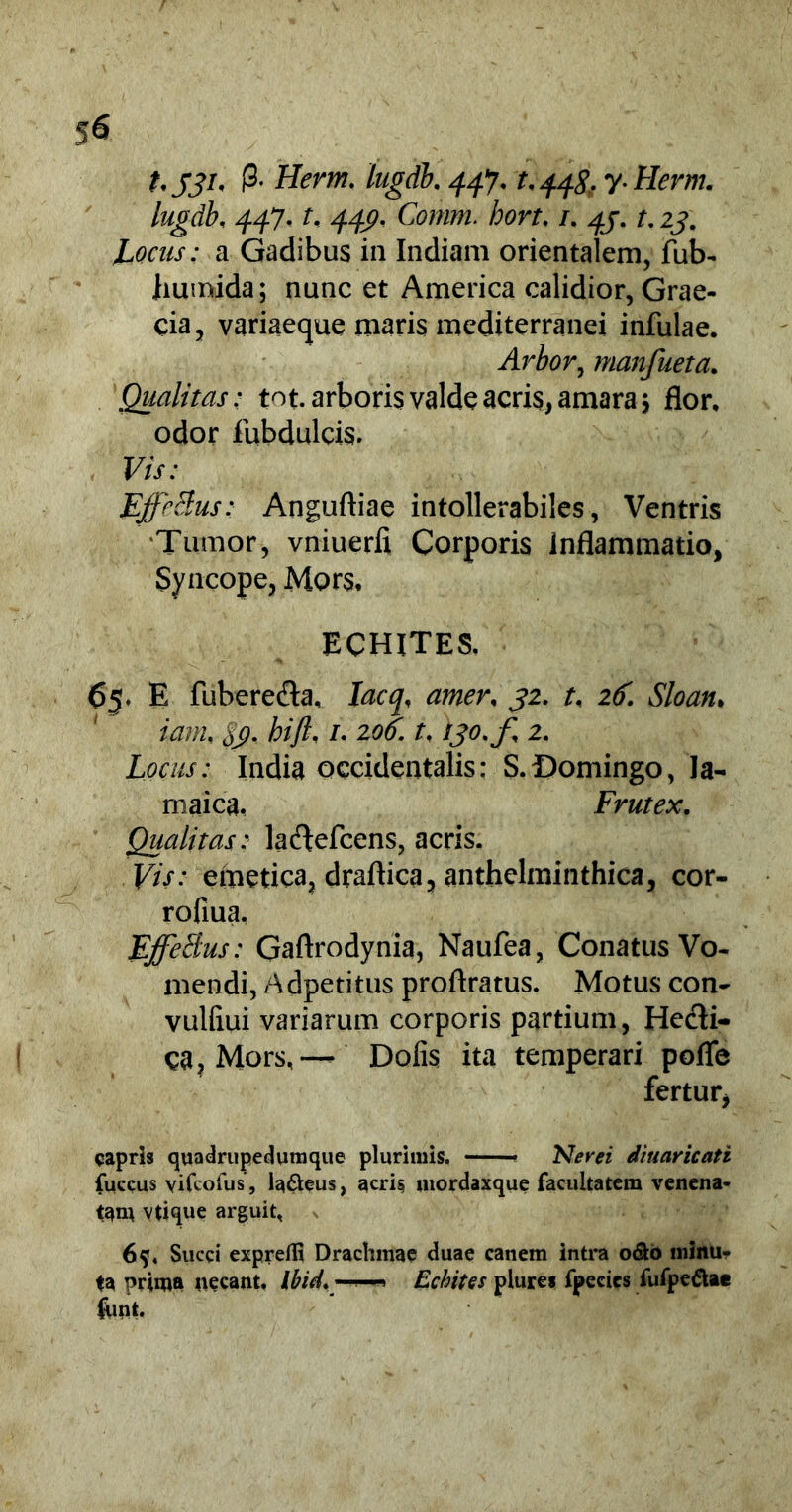 t. JJi. (3- Herm. lugdb, 447. t. 4.4$. y.Herm. lugdb, 447. t, 44P, Comm. bort. /. 44-. t.23. Locus: a Gadibus in Indiam orientalem, fub- iiumida; nunc et America calidior, Grae- cia, variaeque maris mediterranei infulae. Arbor, manfueta. Qualitas: tot. arboris valde acris, amara; flor, odor fubdulcis. Vis: Effectus: Anguftiae intollerabiles, Ventris Tumor, vniuerfi Corporis inflammatio, Syncope, Mors. ECHITES. 65. E fubere&a, Iacq, amer, 32. t, 26. Sloan, iam, |p. hift, /. 206. t, 130. f, 2. Locus: India occidentalis: S.Oomingo, la- maica. Frutex. Qualitas: laclefccns, acris. Vis: emetica, draftica, anthelminthica, cor- rofiua, EffeBus: Gaflrodynia, Naufea, Conatus Vo- mendi, Adpetitus proftratus. Motus con- vulliui variarum corporis partium, Hecti- ca. Mors,— Dolis ita temperari polle fertur, capris quadrupedumque plurimis. Nerei diuaricati fuccus vifeoius , la&eus, acri§ mordaxque facultatem venena- tam vtique arguit, 6s. Succi expreffi Drachmae duae canem intra cxfto minu- ta prima necant. Ibid. » Echites plures fpecies fufpe&ae funt.