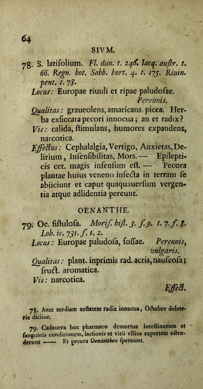 SIVM. yg. S. latifolium. FI. dan. t. 246. Iacq. auflr. t. 66. Regn. bot. Sabb. hort. 4. t. 173. Riuin. j>ent. t. 7$. Locus: Europae riuuli et ripae paludofae. Perennis. Qualitas: graueolens,amaricans.picea. Her- ba exficcatapecori innocua; an et radix? Vis: calida, ftimulans, humores expandens, narcotica. EffeBus: Cephalalgia, Vertigo, Anxietas, De- lirium, Infenfibilitas, Mors.— Epilepti- cis cet. magis infenfum eft. — Pecora plantae huius veneno infecta in terram fe abiiciunt et caput quaquauerfum vergen- tia atque adlidentia pereunt. OENANTHE. 79. Oe. fiftulofa. Morif. hifl. 3. f.t>. t. J.f S. Lob. ic. 731. f. 1. 2. Locus: Europae paludofa, foflae. Perennis, vulgaris. Qualitas: piant, inprimis rad. acris, naufeofa} fru<ft. aromatica. Vis: narcotica. ect. yg. Ante mediam aeftatem radite innocua, Oflobre delete- ria dicitur. 79. Cadauera hoc pharmaco demortua inteftinorum et fatiguinis conditionem, laefionis et vitii vilius expertem often- ferunt — Et pecora Oenanthen fpernunt.