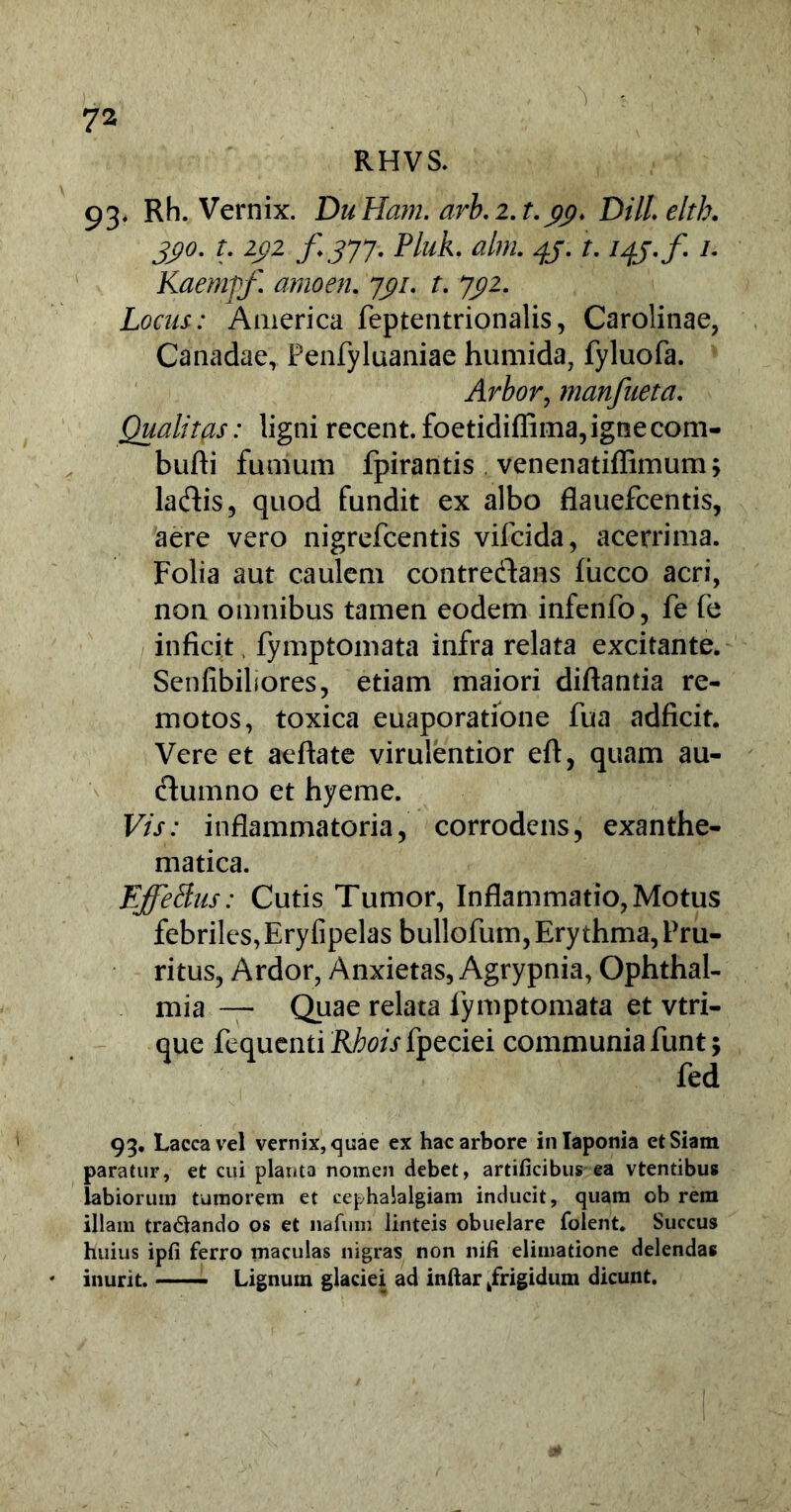 RHVS. 93. Rh. Vernix. DuHam. arb.z.t.yy. DilLeltb. 39° • ?• 2J?2 Z-37T- Ph*k alm- 4S- HS-f I- Kaemff. arnoen. 7^/. t. 7^2. Locus: America feptentrionalis, Carolinae, Canadae, Penfyluaniae humida, fyluofa. Arbor, manfueta. Qualitfis: ligni recent. foetidiffima, igne com- bufli fumum fpirantis venenatiflimum; ladis, quod fundit ex albo flauefcentis, aere vero nigrefcentis vifcida, acerrima. Folia aut caulem contreftans luceo acri, non omnibus tamen eodem infenfo, fe fe inficit fymptomata infra relata excitante. Senfibibores, etiam maiori diftantia re- motos, toxica euaporatione fua adficit. Vere et aeftate virulentior eft, quam au- clumno et hyeme. Vis: inflammatoria, corrodens, exanthe- matica. EffeBus: Cutis Tumor, Inflammatio, Motus febriles, Eryfipelas bullofum,Erythma, Pru- ritus, Ardor, Anxietas, Agrypnia, Ophthal- mia — Quae relata fymptomata et vtri- que fequentiRiwVfpeciei communia funt j fed 93, Lacca vel vernix, quae ex hac arbore inlaponia etSiam paratur, et cui plauta nomen debet, artificibus ea vtentibus labiorum tumorem et cephalalgiam inducit, quam oh rem illam tra&ando os et narum linteis obuelare folent. Succus huius ipfi ferro maculas nigras non nifi elimatione delendas inurit. Lignum glaciei ad inftar /rigidum dicunt.