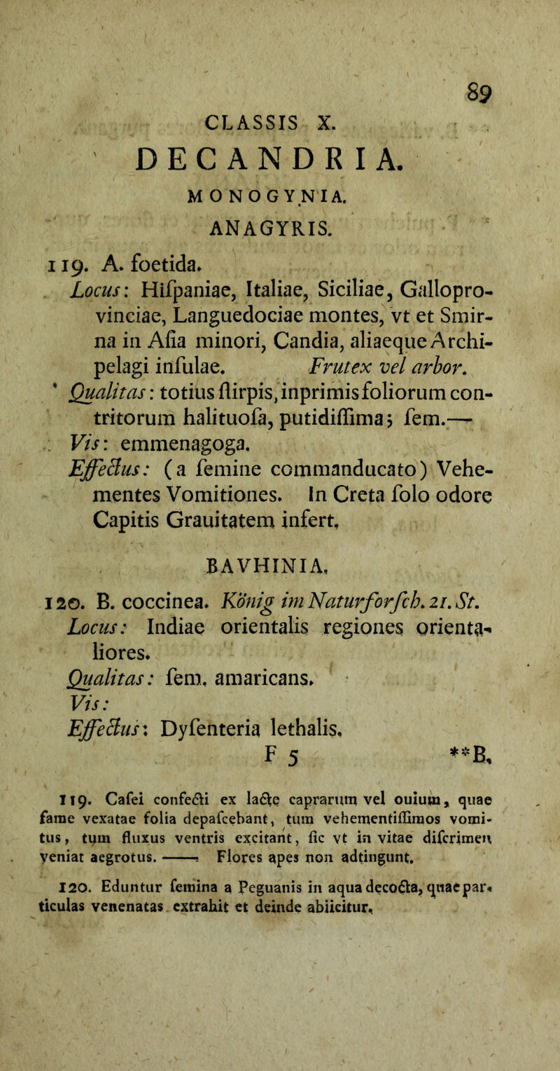 CLASSIS X. D ECANDRIA. M O NOGYNIA, ANAGYRIS. 119. A* foetida* Locus: Hifpaniae, Italiae, Siciliae, Gallopro- vinciae, Languedociae montes, vt et Smir- na in Afia minori, Candia, aliaeque Archi- pelagi infulae. Frutex vel arbor. Qualitas: totius flirpis^nprimisfoliorum con- tritorum halituofa, putidiffima? fem.— Vis: emmenagoga. Effetius: (a femine commanducato) Vehe- mentes Vomitiones. In Creta folo odore Capitis Grauitatem infert, BAVHINIA, 120. B. coccinea. KJonigimNaturforfch.21.St. Locus: Indiae orientalis regiones orienta- liores. Qualitas: fem. amaricans. Vis: Effetius: Dyfenteria lethalis. F 5 **B, 119. Cafei confe&i ex la&e caprarum vel ouium, quae fame vexatae folia depafcebant, tura vehementiffiraos vomi- tus, tum fluxus ventris excitant, fic vt invitae difcrimeu veniat aegrotus. ■ Flores apes non adtingunt. 120. Eduntur femina a Peguanis in aqua deco&a, qnaepar* ticulas venenatas extrahit et deinde abiicitur.