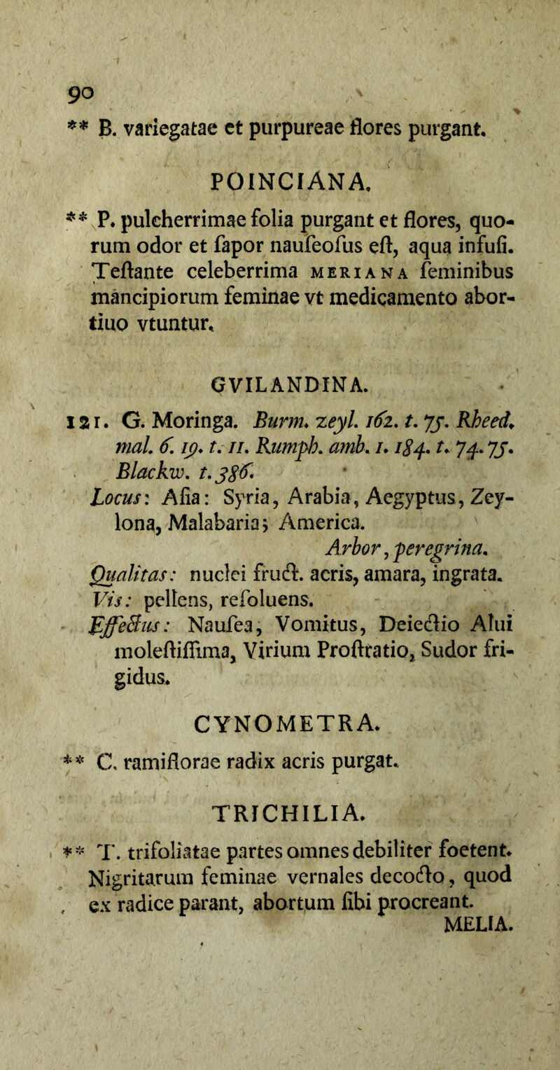 ** B. variegatae et purpureae flores purgant. POINCIANA. ** P. pulcherrimae folia purgant et flores, quo- rum odor et fapor naufeofus eft, aqua infufi. Teftante celeberrima meriana feminibus mancipiorum feminae vt medicamento abor- tiuo vtuntur, GVILANDINA. 121. G. Moringa. Burm. zeyl. i6z. t. jj. Rbeed, mal. 6. ig. t. //. Rumpb. amb. 1.184. t. 74. 73. Blackw. Locus: Alia: Syria, Arabia, Aegyptus, Zey- lona, Malabaria; America. Arbor, -peregrina. Qualitas: nuclei frudi, acris, amara, ingrata. Vis: pellens, refoluens. Ljfecius: Naufea, Vomitus, Deieclio Alui moleftifltma, Virium Proftratio, Sudor fri- gidus. CYNOMETRA. ** C. ramiflorae radix acris purgat. TR1CHILIA. ** T. trifoliatae partes omnes debiliter foetent. Nigritarum feminae vernales decodla, quod , ex radice parant, abortum libi procreant. MELIA.