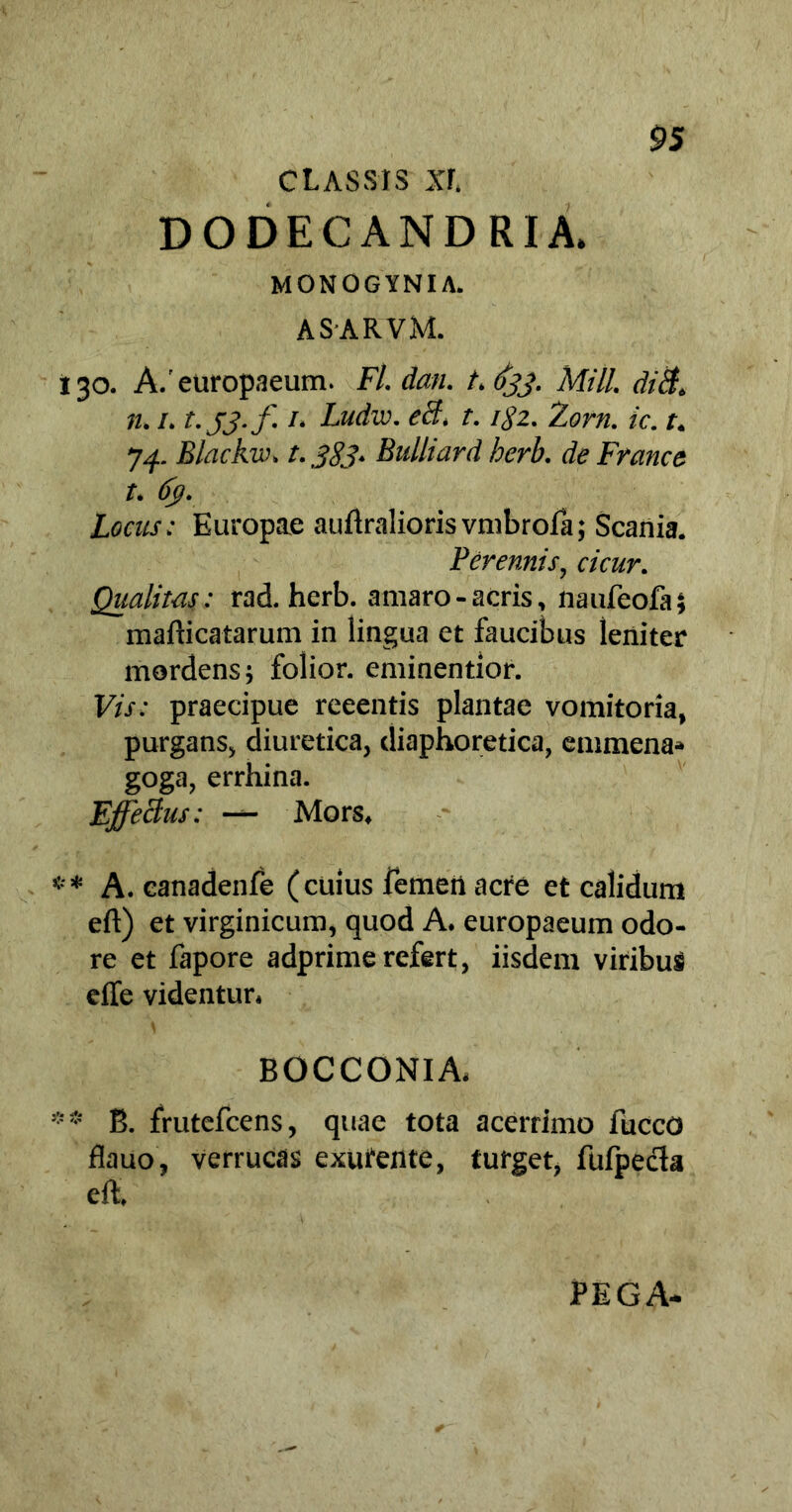 classis xr. DODECANDRIA. MONOGYNIA. ASARVM. 130. A.europaeum. Fl.dan. t. fej. Miti. diti. 11.1. t.jj.f 1. Ludw. ect. t.1$2. lorn. ic. t. 74. Blackw. t. jgj. Bulliard herb. de France t. 6jj. Locus: Europae auftraliorisvmbrofa; Scania. Perennis, cicur. Qualitas: rad. herb. amaro-acris, naufeofa; mafticatarum in lingua et faucibus leniter mordens; folior. eminentior. Vis: praecipue reeentis plantae vomitoria, purgans, diuretica, diaphoretica, emmena» goga, errhina. Effectus: — Mors. ** A. canadenfe (cuius femen acre et calidum eft) et virginicum, quod A. europaeum odo- re et fapore adprime refert, iisdem viribus dfe videntur. BOCCONIA, ** B. frutefcens, quae tota acerrimo fucco flauo, verrucas exurente, turget, fufpecla eft. PEGA-