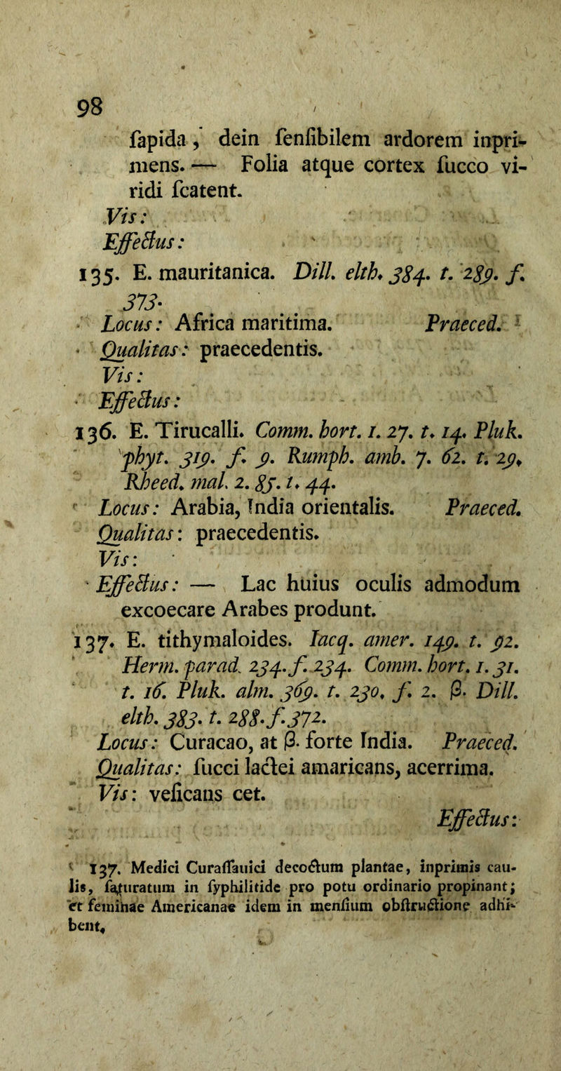 fapida , dein fenfibilem ardorem inpri- mens. — Folia atque cortex fucco vi- ridi fcatent. Vis: Effetius: 135. E. mauritanica. DilL eltk 384- t. 283. f. 373- Locus: Africa maritima. Praeced. • Qualitas: praecedentis. Vis: Effetius: 136. E. Tirucalli* Comm. bort. 1. 27. /♦ 14. Pluk. phyt. 31$. f. y. Rumph. amb. 7. 62. t. iju Rheed. 020/. 2. jfr. t. 44. Locus: Arabia, India orientalis. Praeced. Qualitas: praecedentis* F/V: •Effetius: — Lac huius oculis admodum excoecare Arabes produnt. 137* E. tithymaloides. Iacq. amer. 149. t. ()2. Herm. par ad. 234./. 234. Comm. bort. 1.31. t. 16. Pluk. alm. 363. t. 230. f 2. (3. DHL eltb. 383-1. 288-f372- Locus: Curacao, at (3. forte India. Praeced. Qualitas: fucci laclei amaricans, acerrima. Vis: veficans cet. Effetius: 137. Medici Curaflauici decorum plantae, inprirais cau- lis, fa^uratum in fyphilitide pro potu ordinario propinant; 'et feminae Americanae idem in menfium obftru#ione adhi*