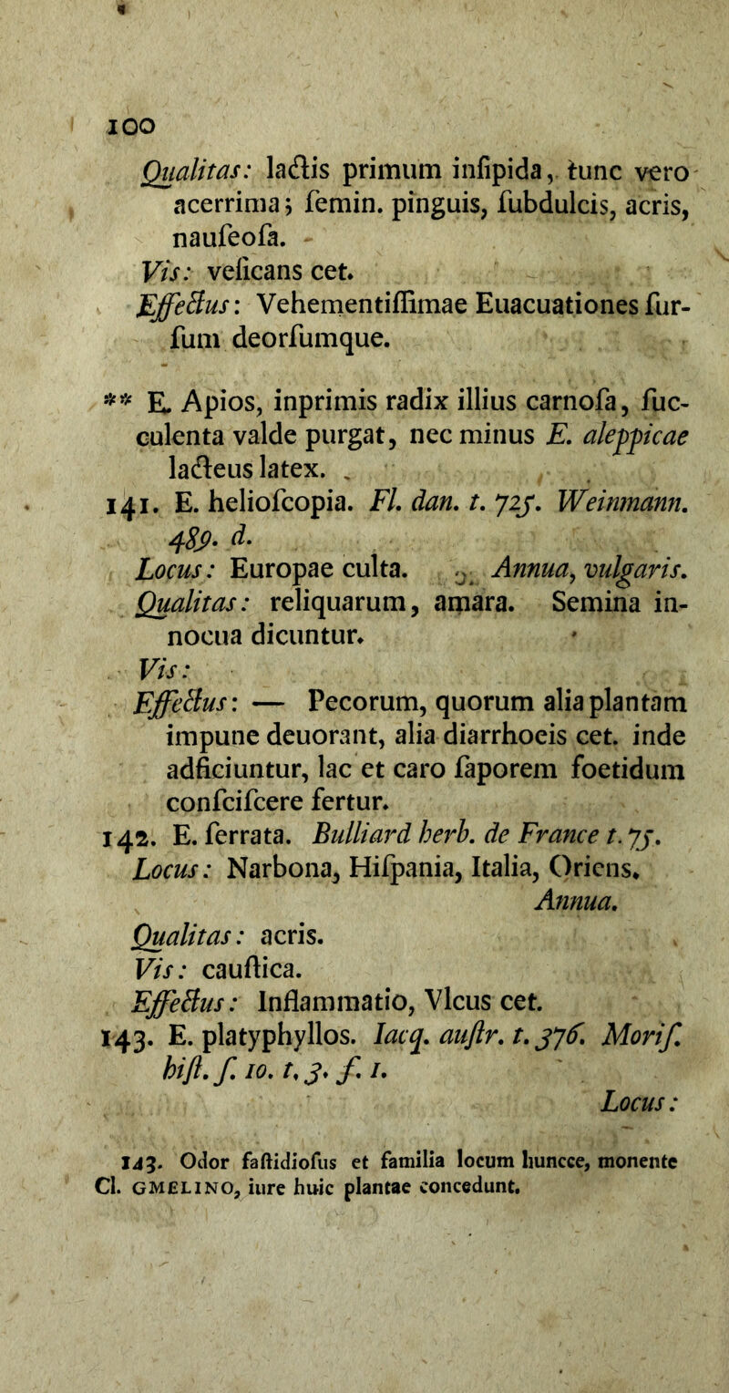 « IOO Qualitas: la&is primum infipida, tunc v^ro acerrima ; femin. pinguis, fubdulcis, acris, naufeofa. Vis: velicans cet. Effetius: Vehementiflimae Euacuationes fur- fum deorfumque. ** E. Apios, inprimis radix illius carnofa, fuc- culenta valde purgat, nec minus E. alegjicae la&eus latex. „ 141. E. heliofcopia. FI. dan. -t.72j. Weinmann. d. Locus: Europae culta. 0 Annua, vulgaris. Qualitas: reliquarum, amara. Semina in- nocua dicuntur. Vis: Effetius: — Pecorum, quorum alia plantam impune deuorant, alia diarrhoeis cet. inde adficiuntur, lac et caro faporem foetidum confcifcere fertur. 142. E. ferrata. Bulliard herb. de France t. 7/. Locus: Narbona, Hifpania, Italia, Oriens. Annua. Qualitas: acris. Vis: cauftica. Effetius: Inflammatio, Vicus cet. 143. E. platyphyllos. Iacq. aujlr. t. 376. Morif. bift.f. 10. t.j. f.1. Locus: 14 3. Odor faftidiofus et familia locum liuncce, monente Cl. gmelino, iure huic plantae concedunt.