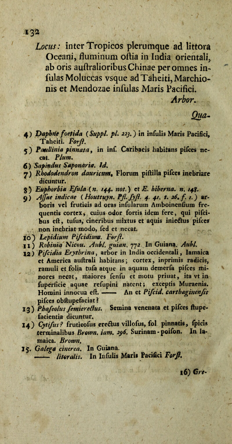 Locus: inter Tropicos plerumque ad littora Oceani, fluminum oftia in India orientali, ab oris auftralioribusChinae per omnes in- fulas Moluccas vsque adTaheiti,Marchio- nis et Mendozae infulas Maris Pacifici. Arbor. Qua- 4) Daphne foetida {Suppi, pl. 223.) in infulis Maris Pacifici, Taheiti. ForJ?. 5) PatiUinia pinnata, in inf. Caribaeis habitans pilees ne- cat. Fiunt. 6) Sapindus Saponaria. Id. 7) Rhododendron danricumt Florum piftilla pifces inebriare dicuntur. § ) Euphorbia Efula (n. 144.. not.) et E. hiberna. «. 14$. 9) Ajfae indicae {Houttuyn. Pfl. fyfl. 4. 41, t. 26* f. 1.) ar- boris vel fruticis ad oras infularum Amboinenfium fre- quentis cortex, cuius odor fortis idem fere, qui pifei- bus eft, tufus, cineribus mixtus et aquis inie&us pifces non inebriat modo, fed et necat. 10) Lepidium Pifcidium. For fi. 11) Robinia Nicou. Aubl. guian. 772. In Guiana. Auhl. 12) Pifcidia Erythrina, arbor in India occidentali, Iamaica et America auftrali habitans; cortex, inprimis radicis, ramuli et folia tufa atque in aquam demerfa pifces mi- nores necat, maiores fenfu et motu priuat, ita vt in fuperficie aquae refupini natent; exceptis Muraenis. Homini innocua eft. —— A11 et Pifcid. carthaginenjis pifces obftupefaciat? 13) Phafeoius femiere&us. Semina venenata et pifces ftupe- facientia dicuntur. 14) Cytifus? fruticofus eredus villofus, fol pinnatis, fpici» terminalibus Btown. iam. 2p6. Surinam - poifon. In Ia* maica. Brown. 15. Galega cinerea. In Guiana. litoralis. In Infulis Maris Pacifici Forjl. 16) Gre-