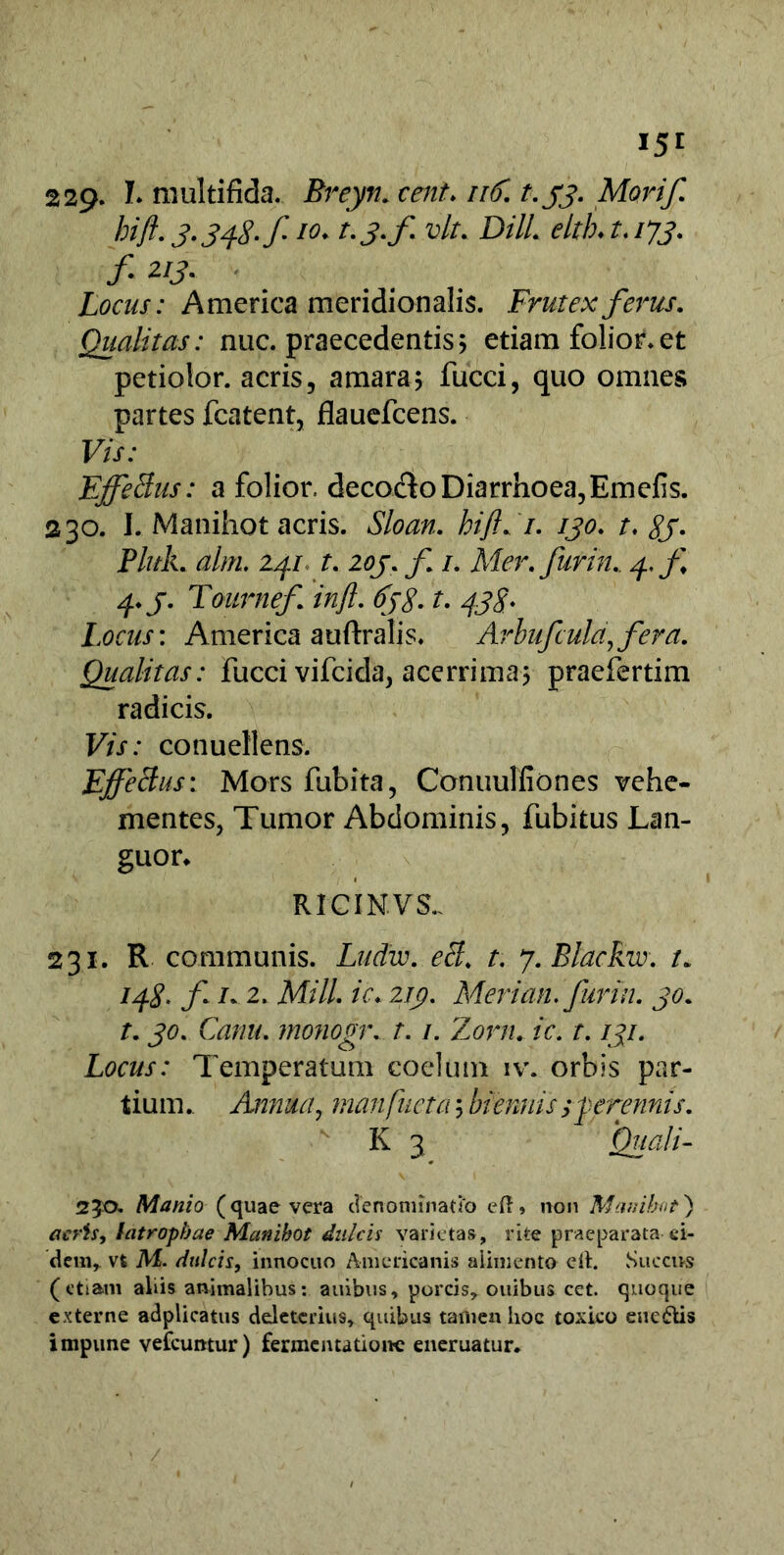 229. I. multifida. Breyn. cent. nti. t.jj. Morif. bifl. 3-34%-f 10. t.j.f vlt. Dill. elth. t. ijj. f 2IJ. Locus: America meridionalis. Frutex ferus. Qualitas: nuc. praecedentis5 etiam folior.et petiolor. acris, amara5 fucci, quo omnes partes fcatent, flauefcens. Vis: Effetius: a folior decocto Diarrhoea,Emelis. 230. I. Manihot acris. Sloan. hiff /. 130. t. 8j- Pluk. alm. 141 t. 20J. f 1. Mer.furin.. 4. f 4.J. Tournef infl. 638-t. 438♦ Locus: America auftralis. Arbufculdffera. Qualitas: fucci vifcida, acerrima3 praefertim radicis. Vis: conuellens. Effetius: Mors fubita, Conuulfiones vehe- mentes, Tumor Abdominis, fubitus Lan- guor RICIN.VS. 231. R communis. Ludw. eti. t. 7. Blackw. r 148. f /. 2, Miti. ic. 213. Merian.furin. 30. t. 30. Cami. monogr. t. 1. Zorn. ic. 1.131. Locus: Temperatum coelum iv. orbis par- tium.. Annua, manfueta; biennis > -perennis. K 3 Quali- 250. Manio (quae vera denominatio eft, non Manihot) acris, hitropbae Manihot dulcis varietas, rite praeparata ei- dem, vt M. dulcis, innocuo Americanis alimento eit. Succus (etiam aliis animalibus: anibus, porcis, ouibus cet. quoque externe adplicatus deletcrius, quibus tamen hoc toxico ene6tis impune vefcuntur) fermentatione eneruatur.