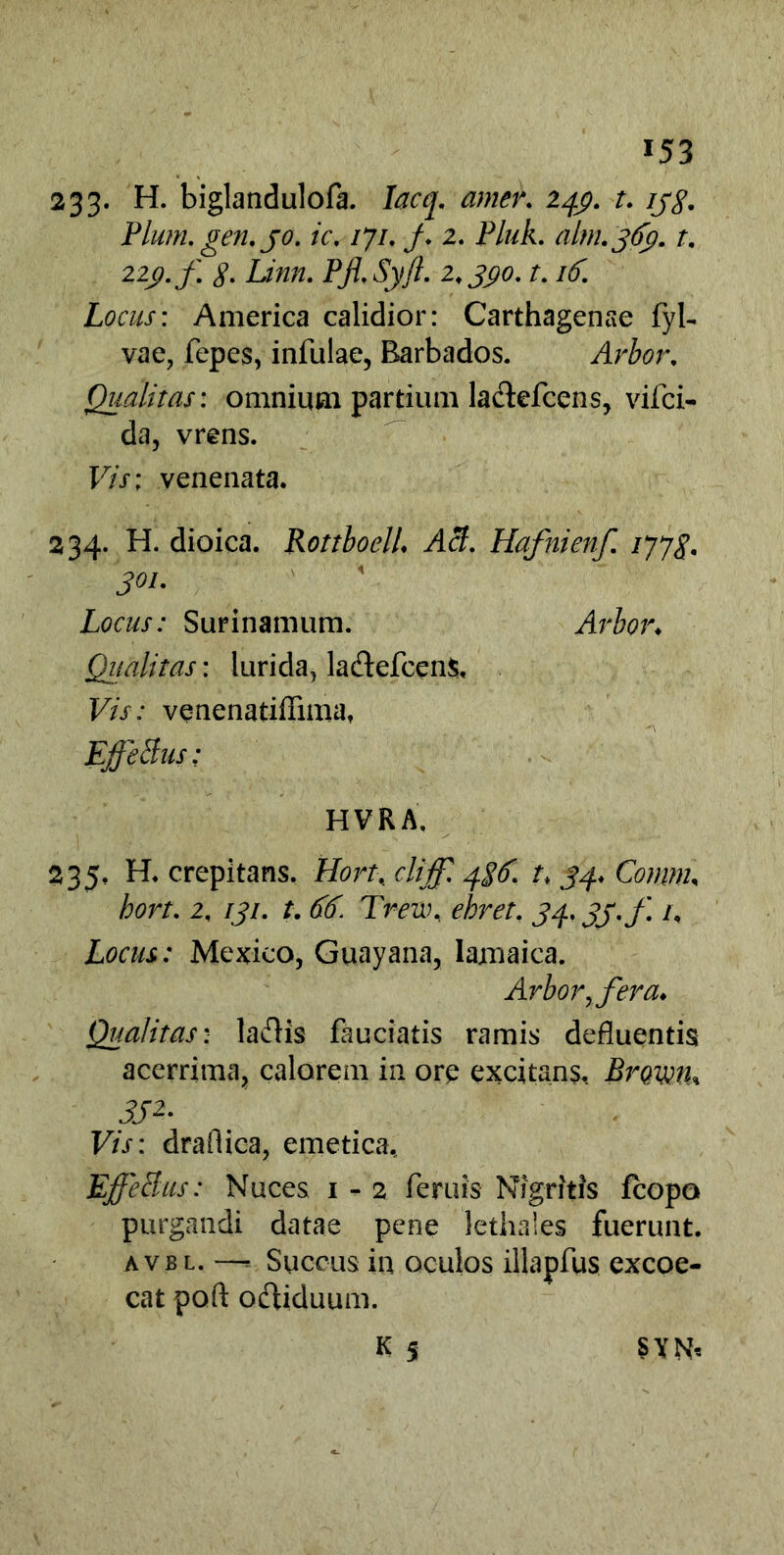 233* H. biglandulofa. Iacq. amer. 2^p. /. /y,?. Pium, gen.jo. ic. /7/. /♦ 2. P/z^A. alm.369. t. 229. f. g. Linn. Pfl.Sy/L 2,390.t.16. Locus: America calidior: Carthagenae fyb vae, fepes, infulae, Barbados. Arbor. Qualitas: omnium partium la&efcens, vifci- da, vrens. Vis; venenata. 234. H. dioica. RottboelL Aci. Hafnienf. iyyg. 301. Locus: Surinamum. Arbor♦ Qualitas: lurida, lacSefcenS, F/V; vqnenatiffima, EffeBus: HVRA. 235. H. crepitans. Hort. cliff. 4.36 t* 34, hort. 2, 131. t. 66. Trew, ebret. 34.35. f /, Locus: Mexico, Guayana, Iamaica. Arboryfera♦ Qualitas: lafHs fauciatis ramis defluentis acerrima, calorem in ore excitans, BrQum* 35*- Vis: draflica, emetica, EffeBus: Nuces 1 - 2 feriris Nigritis fcopo purgandi datae pene lethales fuerunt. avbl. —« Succus in oculos illapfus excoe- cat poft odUduum. K s 8YN«
