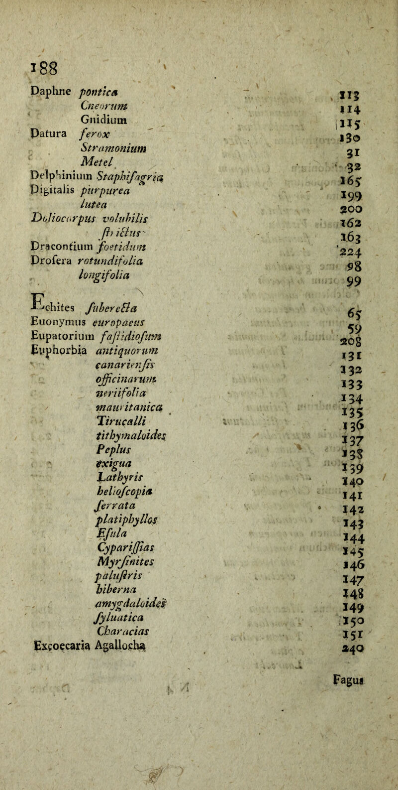 Daphne pontica Cnenrnm Gnidium Datura ferox Stramonium Metel Delphinium Stapbifagria, Digitalis purpurea lutea T)bIioc(>rpui volubilis ft> iSius Dracontium 'foetidum Drofera rotundifolia longifolia F . N J-hchites fubereBa Euonymus europaeus Eupatorium fafizdiofiim Eyphorbia antiquorum canarienjis officinarum nniifolia mauritanicct Tirucalli tithymaloides Peplus exigua Lathyris heliofcopia ferrata platiphyllos Eftila Cypariffias Myrjinites pahiftris hiberna amygdaloidei fyluatica Ckaracias Exco^caria Agallosha m 114 \us 130 31 • 32 165: 199 200 162 3.63 '224 98 99 65 59 208 i3t 332 133 134 135 136 *37 *3S 139 ?4° 141 142 143 H4 145 146 147 148 149 ,15° 151 240