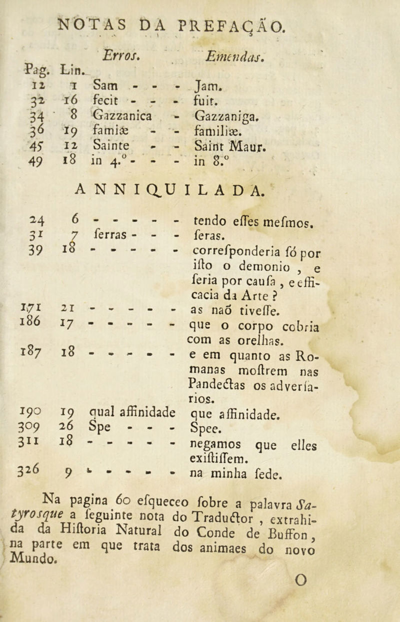 i,7i 186 i§7 190 309 3II 326 NOTAS DA PREFAÇÃO. Erros. Emendas. Pdg. Lin^ 12 1 Sam - - - Jam. 3* 16 fecit - - - fuir. 34 ' 8 Gazzanica - Gazzaniga. 36 19 famias - familise. 45 12 Sainte « Saint Maur. 49 18 0 m 4. - - - in 8.° A N N I au I L A D A. 24 6 - « _ _ - tendo effes 1 31 7 ferras - - - feras. 39 18 - - - - - correfponde 21 17 18 J9 26 18 oual affinidade * Spe - - - 5 V-» feria por caufa , e effi- cacia da Arte ? as naõ tivefle. que o corpo cobria com as orelhas, e em quanto as Ro- manas moftrem nas Pandedtas os advería- rios. que affinidade. Spee. negamos que elles exiftiíTem. na minha fede. Ra pagina 60 efqueceo fobre a palavra Sã- tyrosque■ a feguinte nota do Traduftor , extrahi- da da Hiítona Natural do Conde de Buffon na parte em que trata dos animaes do novo Mundo. O