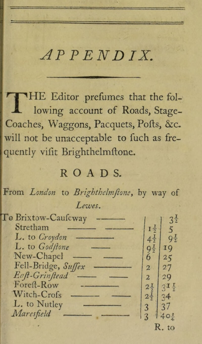 The Editor prefumes that the fol- lowing account of Roads, Stage- Coaches, Waggons, Racquets, Pofts, &c. will not be unacceptable to fuch as fre- quently vilit Brighthelmftone. ROADS. From London to Brighthclmftonc, by way of Lewes. To Brlxtow-Caufeway Stretham L. to Croydon — L. to Godjlone New-Chapcl Fell-Bridge, Sitjffex Eoji-Grinjiead — Foreft-Row Witch-Crofs L. to Nutley - Eiaresfield 1 3i 5 4t 9f 9y 19 6 25 2 27 2 29 3H 24 3 37 3 4o| R. to