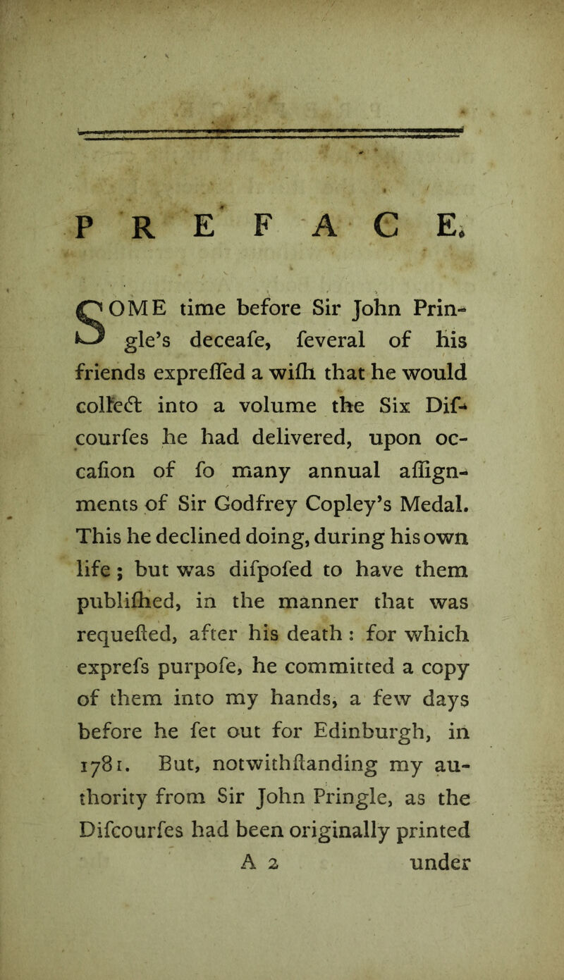 PREFACE. SOME time before Sir John Prin- gle’s deceafe, feveral of his friends exprefled a wifh that he would collect into a volume the Six Dif- courfes he had delivered, upon oc- cafion of fo many annual affign- ments of Sir Godfrey Copley’s Medal. This he declined doing, during his own life; but was difpofed to have them publifhed, in the manner that was requefted, after his death : for which exprefs purpofe, he committed a copy of them into my hands, a few days before he fet out for Edinburgh, in 1781. But, notwithftanding my au- thority from Sir John Pringle, as the Difcourfes had been originally printed