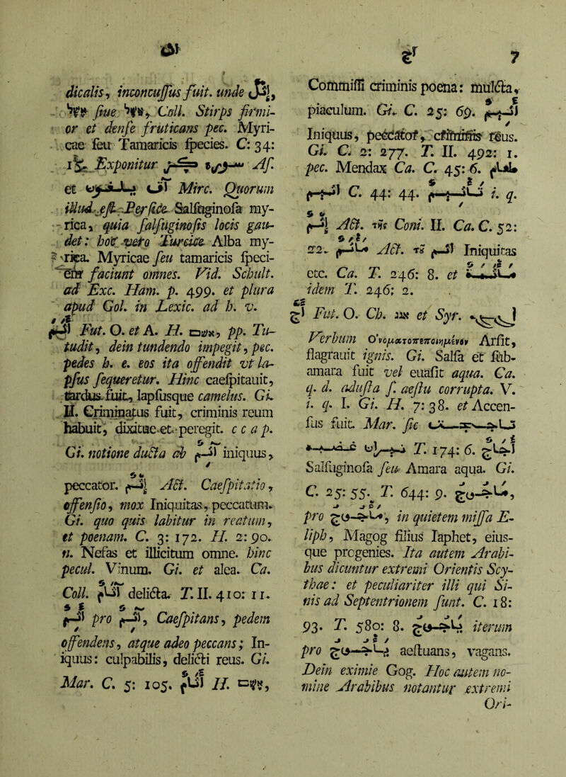 dicatis-, inconcujfus fuit, unde J5j, fiue Cffll. Stirps firmi- or et denfe fruticans pec. Myri- cae feu Tamaricis fpecies. 034: 1%. Exponitur Af. et wjJuLj Oil Mire. Quorum iUud^^ef r-B^fide. S^nginofa my- 'ricaj ^ia falfugimfes locis gau- det: hoit -veto Turdee Alba my- ? 'lipa. Myricae feu tamaricis fpeci- faciunt omnes. Vid. Schult. ad Exc. Ham. p. 499. et plura apud GoL in Eexic. ad h. v. ^1 Fut. O. et A. H. oa^x, pp. Tu- tudit-, dein tundendo impegit, pec. pedes h. e. eos ita ojfendit vt la- pfus fequeretur. Hinc caeipitauit, GL , IJ. Crimina|;Lis fuit, criminis reum habuit, dixitue-et.-peregit, c c ap. Gi. notione du&a ab iniquus, / 5 *• peccator. j»-i| A6t. Caefpitatio, offenfio, mox Iniquitas, peccatum. Gi. quo quis labitur in reatum, tt poenam. C. 3: 172. H. 2:90. fi. Nefas et illicitum omne, hinc pecul. Vfnum. Gi. et alea. Ca, Coli. delidla,' T. II. 410: ii. 9 t o pro ^1, Caefpitans, pedem offendens, atque adeo peccans; In- iquus: culpabilis, deli(51i reus. Gi. Mar. C. 5: 105. fUl H. *=!{'«, Commilli criminis poena: mu1(5ta, piaculum. Gi.. C. i 5: 69. Iniquus, peCdatof, cfifttifi» rsgus. Gi. C 2: 277. T. II. 492: I. pec. Mendax Ca. C. 45: 6. C. 44: 44. Arni j.. q, ^1 AB. T?f Coni. II. Ca. C. 52: S f / 22. AB. T? Iniquitas etc. Ca. T. 246: 8. et idem T. 246: 2. Fut. O. Ch. iax et Syr. Eerhuin O’vo/x«io5reffo<»jjw£?*» Ariit, flagrauit ignis. Gi. Salfa et Ibb- amara fuit vel euafit aqua. Ca. q. d. adufia fi. aeflu corrupta. V. i. q. I. Gi. H. 7:38. e^Accen- fus fuit. Mar. fi e OL— T. 174: 6. Salfuginofa fieu- Amara aqua. Gi. G- 25: 55.^ T. 644: 9. pro , in quietem miffa E- liph, Magog filius laphet, eius- que progenies. Ita autem Arabi- bus dicuntur extremi Orientis Scy- thae: et peculiariter illi qui Si- nis ad Septentrionem fiunt. C. 18: 93. T. 580: 8. iterum pro aeiluans, vagans. Dfin eximie Gog. Hoc autem no- mine .Arabibus notantur extremi Ori-