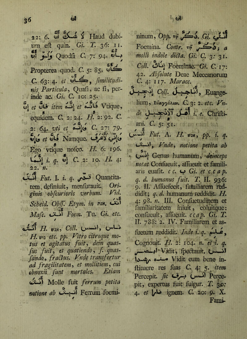 S'c / / 221 6. S Haud dubi- um efl quin. Gi. T. 36: y. t;l Quodfi C. 7: 94. t)L.j Propterea quod. C. 5: 85. c5 / c. 63: 4. g/ uL.^j fimilitudi- nis^ Particula, Quafi, ac fi, per- inde ac. Gi. C. 10: 25. et t)'-® item »-^1 et Vtique, equidem. C. 2: 24. H. 2: 92. C. . j fi, / „ 2: 64. et C. 27: 79. c /“ ‘fC / M ' t>5c3 et Namque. 7 g ' Ego 'Vtique nofco. H. 6: 196. lIjI i. q. fe>| C., 2: IO. //. 4: 22. n. I. /. q. Quantita- tem ^ definiuit 5 menfurauit. Ori- ginis 'obfcurioris verhum. VtcL / oS Scheid. Ohjf. Etym. in hjn. cXi) Mafc. cX_il Foem.. Tu. Gi. etc. feiX-jJ Jd. ic;JX) Coli. H. t£>u etc. pp. Vitro citroque mo- tus et agitatus fuit., dein quas- fus fuit., et quatiendo., f. qiias- fando., fraSfus. Fnde transfertur ■ ad fragilitatem., et mollitiem., cui (ibnQxii funt mortales. Etiam Molle fuit ferrum petita o t • • notione ab cX-j-j) Fenum roemi- * 4 ninum, Opp. ^G/. Foemina. Coittr. tm > a molli indole dici a. Gi. C. 3; 31. Coli. Fofeminae.' G/. C. 17: 42. Ahfolute Deae Meccanorum C. 4: II7. Maracc. i» o ^ /S Coli. Euajige- lium, Ev.etyyi\iov. C. 3: 2. etc. Vn- O J of • de i. e. Chrifti- ani. C. 5: 51. / £ j' Fut. A. H. Bijx, pp. i. q, Vnde^ notione petita ab Oo Genus humanum, deinceps notat Confueuit, alTueuit et famili- aris euafit. c c. Gi. et c,c a p. q. d. humanus fuit. 2\ II. 936: 9. II.' AITuefecit, faftiiliarem rfed- didit; q. d. humanum indidit. H. 4: 98. n. III. Confuetudinem et larailiaritatem iniuit, coluitque: confueuit, alTueuit. ccap. Gi. T. ir. 788: 2. IV. Familiarem et as- fuetum reddidit. Inde i. q. Cognouit. H. 2: 104. n. ' ei i. q. Vidit, Ipedauit. (>«—iJ » Vidit eum bene in- ftituere res liias C. 4: 5. item Percepit, fic Perce- pit, expertus fuit fuigur. T. 3p: 4. et ignem. C. 2.0: 9.. X. Fami-