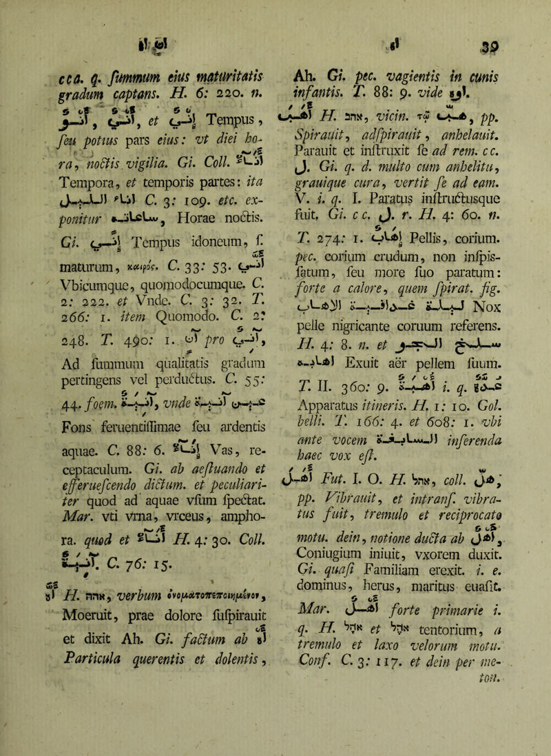 cca. fwnmum eius maturitatis gradum captans. H. 6: 220. n. 5 feS’ s -itt 5 0 Tempus, Jeu potius pars eius: vt diei ho- /S ra<, noStis.vigilia. Gi. Coli. Tempora, et temporis paites: ita ^LiJ C. 3; 109. etc. ex- ponitur ««-jLcLwj Horae no6lis. Gi. Tempus idoneum, fi maturum, xet^poV. C. 33; 53. Vbicumque, quomodocumque. C. 2; 222. et Vnde. C. 3: 32. T. 266: I. item Quomodo. C. 2: (w o ^ 248. T. 490; I. pro Cs-j^ / Ad fummuiu qualitatis gradum pertingens vel perdudus. C. 55; 44. foem. , vnde Fons feruentiffimae feu ardentis aquae. C. 88: 6. Vas, re- ceptaculum. Gi. ah aejluando et e^eruefeendo diSfum. et peculiari- ter quod ad aquae vflim fpeftat. Mar. vti vrna, vrceus, ampho- ra. qmd et H. 4; 30. Coli. C. ^6: 15* fiS . ^ / »1 H. nn», verhum cvoi*»ToinTron}ixinf, Moeruit, prae dolore fufpirauit et dixit Ah. Gi. fa6fum ah »J Particula querentis et dolentis^ Ah. Gi. pec. vagientis in cunis infantis. T. 88: 9. vide / /5 «• H. an.y, vicin. tw pp, Spirauit^ adfpirauit, anhelauit. Parauit et inflruxit fe ad rem. c c. J. Gi. q. d. multo cum anhelitu., grauique cura, vertit fe ad eam. V. i. q. I. Paratus inflriiftusque fuit, Gi. c c. J. r. H. 4: 60. n. O / T. 274; I. 0V.16I Pellis, corium. pec. corium crudum, non infpis- fatum, feu more fuo paratum: forte a calore, quem fpirat. fg. <^L_i;fc^) is—C Nox pelle nigricante cortium referens. H. 4; d>. n. et j-scOl Exuit aer pellem fuum. 'T' TT ^ I. 11. 300; 9. %. q. g<>-,e Apparatus itineris. H. 1: i o. Gol. belli. 2'. 166: 4. et 608: i. vhi ante vocem )LamJ) inferenda haec vox e(l. / /S „ Fut. I. O. H. Sn», coli, pp. Fihrauit, et intranf. vibra- tus fuit, tremulo et reciprocata 6 cS motu, dein, notione du&a ah ^ Coniugium iniuit, vxorem duxit. Gi. quaf Familiam erexit, i. e. dominus, herus, maritus euafit. 0 fcS Mar. Ju-aJ forte primarie i. q. H. et tentorium, a tremulo et laxo velorum motu. Conf. C. 3; 117. et dein per me- ton.