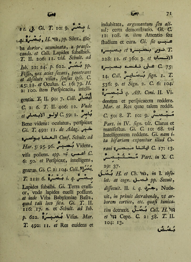 cc. cj. GL T. io: 9- H. Silex, gle. ba durior-, acuminata^ a praefe^ cando. 6t Coli- Lapides lubalbidi. T. II. 206: II. 'vid. Schult. ad lob. 22: 24. p- 622. pp> FiJpOyjpx acies fecans-, penetrans et dhfolute vifus, fenfus ipfe. C. 45: 22.'e^ Oculus. C. 16: 79' ‘2: 100. item Perfpicacia, intelli- gentia.' II* 9^' 7* Oo//. C. 2: 6. T. II. 406: 12. Fnde et j-ljl C. 59: 2. Bene videns: oculatus, perfpicax Gi. r. 492: II. ,/f^ Lu»_suJI Conf. Schult. ad Har. 5: 95- 9^- Videns, vifu pollens, opp- L. 6: 50. et Perfpicax, intelligens, gnarus. Gi. C. 2: 104. T. 212: 6. 4/-**'=*—i» Lapides fubalbi. G/. Terra craffi- or, vnde lapides euelli poflunt. et inde Vrbs Babyloniae Bafra, quod tali loco fita. Gi. T. II. II6; ,17. n. et Schult. ad lob. 9 / / p. 622. B,/—j-AA-# Vifus. Mar. r. 492; II. et Res euidens et indubitata, argumentum feu ali^ ud: certa demon ftratio. Gf. C. 12: 108. n. item Attentio feu ftudium et cura. Gi. fic w—e *i/—T. 228: 12. et 360: 3. et |}^A_Aa-.3 C. 75: 14. Gj//. j Jign. I» T. 536: 9. et Sign. 2. C. 6: 104. g^—.«1-^ q. Adt. Coni. II. Vi- ✓ dentem et perfpicacem reddere. Mar. et Res quae talem reddit. C. 50: 8. T. 10: 9. ^ in IV. fign. vlt. Clarus et manifeftus. Gi. C. 10: 68. vel Intelligentem reddens. Gi. nam i- ta bifariam exponitur illud Co- rani UJ>m C. 17: 13. ^ 0/0^ ,.>in lA. Part. in X. C. ✓ 29: 37- i/, CL Vm, m I. oy&- at cogn. pp. Secuit, dijfecuit. II. i. q. Nuda- uit, in primis detrahendo, vt ar- borem cortice, etc. quafi tunica- / / tim detraxit. 0-*®-^ GolL H. et Cepe. C. 2; 58. T. II. 104: 13-