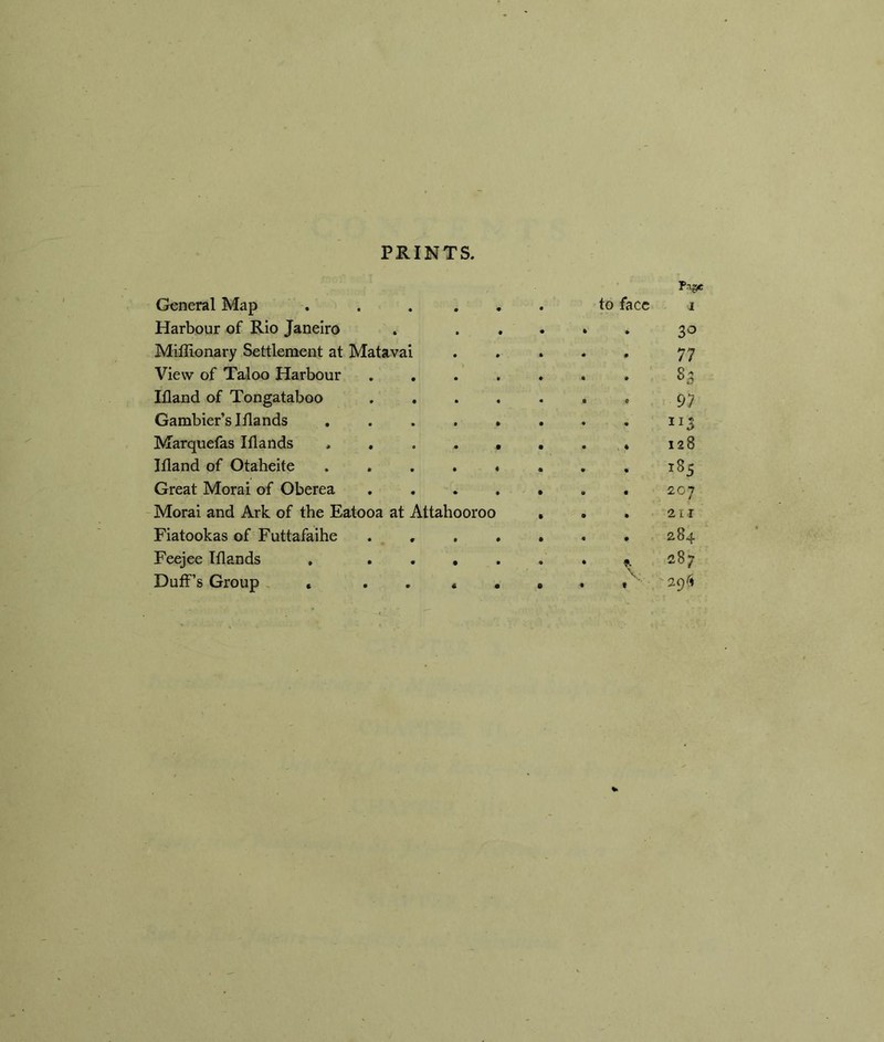 PRINTS. General Map • « to face 1 Harbour of Rio Janeiro 3° Miflionary Settlement at Matavai • » 77 View of Taloo Harbour • • 83 Ifland of Tongataboo • « 97 Gambier’s Iflands • • JI3 Marquefas Iflands 128 Ifland of Otaheite • 4 CO Great Morai of Oberea • * 207 Morai and Ark of the Eatooa at Attahooroo 211 Fiatookas of Futtafaihe 284 Feejee Iflands . • • « 287 Duff’s Group , . « • 29^