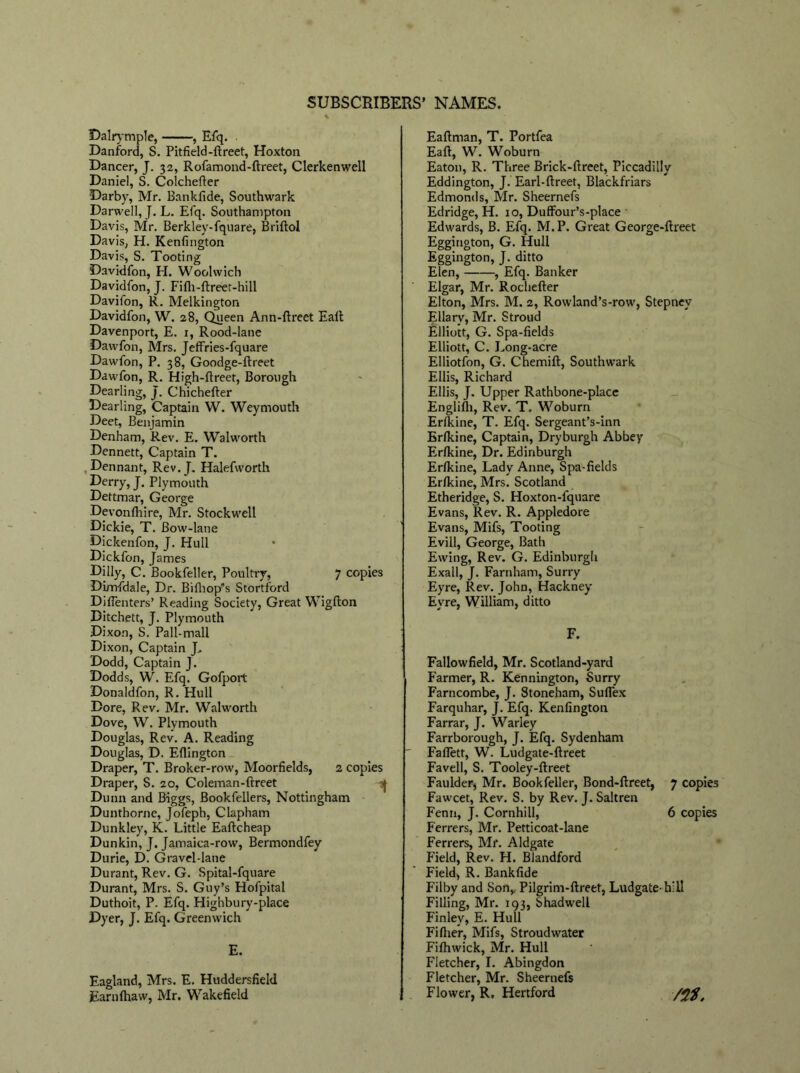 Dalrymple, , Efq. Danford, S. Pitfield-ftreet, Hoxton Dancer, J. 32, Rofamond-ftreet, Clerkenwell Daniel, S. Colchefter Darby, Mr. Bankfide, Southwark Darwell, J. L. Efq. Southampton Davis, Mr. Berkley-fquare, Briftol Davis, H. Kenfington Davis, S. Tooting Davidfon, H. Woolwich Davidfon, J. Filh-ftreer-hill Davifon, R. Melkington Davidfon, W. 28, Queen Ann-ftreet Eall Davenport, E. 1, Rood-lane Dawfon, Mrs. Jeffries-fquare Dawfon, P. 38, Goodge-ftreet Dawfon, R. High-ftreet, Borough Dearling, J. Chichefter Dearling, Captain W. Weymouth Deet, Benjamin Denham, Rev. E. Walworth Dennett, Captain T. Dennant, Rev.J. Halefworth Derry, J. Plymouth Dettmar, George Devonfhire, Mr. Stockwell Dickie, T. Bow-lane Dickenfon, J. Hull Dickfon, James Dilly, C. Bookfeller, Poultry, 7 copies Dimfdale, Dr. Bifliop's Stortford Diflenters’ Reading Society, Great Wigfton Ditchett, J. Plymouth Dixon, S. Pall-mall Dixon, Captain J. Dodd, Captain J. Dodds, W. Efq. Gofport Donaldfon, R. Hull Dore, Rev. Mr. Walworth Dove, W. Plymouth Douglas, Rev. A. Reading Douglas, D. Ellington Draper, T. Broker-row, Moorfields, 2 copies Draper, S. 20, Coleman-frreet Dunn and Biggs, Bookfellers, Nottingham Dunthorne, Jofeph, Clapham Dunkley, K. Little Eaftcheap Dunkin, J. Jamaica-row, Bermondfey Durie, D. Gravel-lane Durant, Rev. G. Spital-fquare Durant, Mrs. S. Guy’s Hofpital Duthoit, P. Efq. Highbury-place Dyer, J. Efq. Greenwich E. Eagland, Mrs. E. Huddersfield Earnlhaw, Mr. Wakefield Eallman, T. Portfea Eaft, W. Woburn Eaton, R. Three Brick-ftreet, Piccadilly Eddington, J. Earl-ftreet, Blackfriars Edmonds, Mr. Sheernefs Edridge, H. 10, Duffour’s-place Edwards, B. Efq. M. P. Great George-ftreet Eggington, G. Hull Eggington, J. ditto Elen, , Efq. Banker Elgar, Mr. Rochefter Elton, Mrs. M. 2, Rowland’s-row, Stepnev Ellary, Mr. Stroud Elliott, G. Spa-fields Elliott, C. Long-acre Elliotfon, G. Chemift, Southwark Ellis, Richard Ellis, J. Upper Rathbone-place Englifh, Rev. T. Woburn Erlkine, T. Efq. Sergeant’s-inn Erlkine, Captain, Dryburgh Abbey Erlkine, Dr. Edinburgh Erlkine, Lady Anne, Spa-fields Erfkine, Mrs. Scotland Etheridge, S. Hoxton-fquare Evans, Rev. R. Appledore Evans, Mifs, Tooting Evill, George, Bath Ewing, Rev. G. Edinburgh Exall, J. Farnham, Surry Eyre, Rev. John, Hackney Eyre, William, ditto F. Fallowfield, Mr. Scotland-yard Farmer, R. Kennington, Surry Farncombe, J. Stoneham, Suflex Farquhar, J. Efq. Kenfington Farrar, J. Warley Farrborough, J. Efq. Sydenham FalTett, W. Ludgate-llreet Favell, S. Tooley-ftreet Faulder, Mr. Bookfeller, Bond-ftreet, 7 copies Fawcet, Rev. S. by Rev. J. Saltren Fenn, J. Cornhill, 6 copies Ferrers, Mr. Petticoat-lane Ferrers, Mr. Aldgate F’ield, Rev. H. Blandford Field, R. Bankfide Filby and Son,. Pilgrim-ftreet, Ludgateh’ll Filling, Mr. 193, Shadwell Finley, E. Hull Filher, Mifs, Stroudwater Filhwick, Mr. Hull Fletcher, I. Abingdon Fletcher, Mr. Sheernefs Flower, R, Hertford /$$.