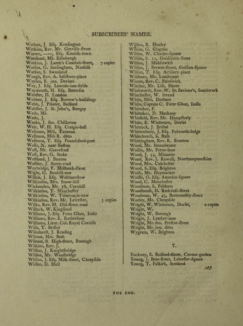 Wathen, J. Efq. Kenfington Watkins, Rev. Mr. Greville-ftreet Warren, ——, Efq. Kentifh-town Wardland, Mr. Edinburgh Watkins, J. Lamb’s Conduit-ftreet, 7 copies Watfon, G. Saxlingham, Norfolk - Watfon, S. Swanland Waugh, Rev. A. Salilbury-place Waylen, R. jun. Devizes Way, J. Efq. Lincoln-inn-fields Waymouth, H. Efq. Batterfea Webfter, D. London Webber, J. Efq. Bnrrow’s-buildings Webb, J. Printer, Bedford Webfter, J. St. John’s, Bungay Wede, Mr. Wedc, J. Weeks, J. fen. Chillarton Weir, W. H. Efq. Craigie-hail Wellman, Mifs, Taunton Wellman, Mifs R. ditto Wellman, T. Efq. Poundsford-port Wells, N. near Bofton Weft, Mr. Gravefend Weft, Rev. G. Stoke Weftland, J. Buxton Weftley, J. Surry-road Weybridge, F. Millbank-ftreet Wight, G. Bunhill-row Wilkie, J. Efq. Walthamftow Wilkinfon, Mrs. Snow-hill Wickenden, Mr. 78, Cornhill Wilkinfon, T. Mauchefter Wilkinfon, W. Tabernacle-row Wilkinfon, Rev. Mr. Leicefter, 3 copies Wilks, Rev. M. Old-ftreet-road Willack, W. Kingfiand Williams, J. Efq. Futte Ghur, India Williams, Rev. E. Rotherham Williams, Lieut. Col. Royal Cornifh Wills, T. Briftol Wilmhurft, J. Reading Wilmot, Mrs. Bath Wilmot, B. High-ftreet, Borough Wilkins, Rev. J. Wilfon, J. Knightlbridge Wilfon, Mr.- Woolbridge Wilfon, J. Efq. Milk-ftreet, Cheapfide Wilfon, D. Hull Wilfon, R. Hanley Wilfon, G. Glapt on Wilfon, W. Charles-fquare Wilfon, S. 1 r, Goldfmith-ftreet Wilfon, J. Middlewich Wilfon, J. Brewer-ftreet, Golden-fquare Wilfon, T. Efq. Artillery-place Wildman, Mr. Loudwater Winter, Rev. C. Painfwick Witcher, Mr. Lifs, Hants Winkworth, Rev. W. St. Saviour’s, Southwark Winchefter, W. Strand White, Mifs, Durham White, Captain C. Futte Ghur, India Whittaker, F. Whittaker, D. Hackney Whitfield, Rev. Mr. Hampfterly White, E. Winbourn, Dorfet Whittuck, J. Briftol Whittenbury, j. Efq. Fulworth-lodge Whitchurch, S. Bath Whittingham, Rev. R. Everton Wood, Mr. Stroud water Wollin, Mr. Fetter-lane Wood, J. 55, Minories Wood, Rev. J. Rowell, Northamptonfiiire Wood, Mrs. Colchefter Wood, S. Efq. Brighton Wolfe, Mr. Haymarket Wolffe, G. Efq. America-fquare Wood, C. Manchefter Woodham, S. Feltham Woodhoufe, D. Redcrofs-ftreet Woodman, W. 43, Bermondfey-ftreet Worley, Mr. Cheapfide Wright, W. Winbourn, Dorfet, z copies Wright, W. Wright, W. Borough Wright, J. Leather-lane Wright, Mr. fen. Prefcot-ftreet Wright, Mr. jun. ditto Wygram, W. Brighton Y. Yockney, S. Bedford-ftreet, Covent-garden Young, J. Bear-ftreet, Leieefter-fquare Young, T. Falkirk, Scotland