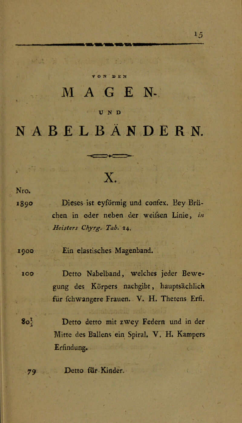 TON BEN 4 MAGE N- UND 1 N A B £ L B Ä N D E R N. 1 k X.. Nro. 1 1890 Dieses ist eyförmig und confex. Key Brü- chen in oder neben der weifsen Linie, in Heisters Chyrg. Tab. 24. 1900 Ein elastisches Magenband. . 100 Detto Nabelband, welches jeder Bewe- gung des Körpers nachgibt, hauptsächlich für fchwangere Frauen. V. H. Thetens Erfi. 00 0 < Detto detto mit zwey Federn und in der Mitte des Ballens ein Spiral. V, H. Kampers Erfindung, - ( -79 Detto fUr-Kinder.