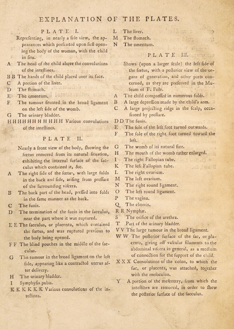 EXPLANATION OF THE PLATES. P L A T E I. Reprefenting, in nearly a fide view, tbe ap- pearances which prcfented upon firft open- ing the body of the woman, with the child ’ in fitu. A The head of the child above the convolutions of the inteftines. B B The hands of the child placed over its face» C A portion of the liver. D The ftomach. E The omentum. F The tumour fituated in the broad ligament on the left fide of the womb. G The urinary bladder. H H H H H H H H H H H Various convolutions of the inteftines» P L A T E II. Nearly a front view of the body, fhowing the foetus removed from its natural fiiuation, exhibiting the internal furface of the fac- culus which contained it, &c. A The right fide of the foetu*^, with large folds in the back and fide, arifing from prefluie of the furrounding vifcera. B The back part of the head, prefled into folds in the fame manner as the back. C The funis. D The termination of the funis In the facculus, near the part where it was ruptured. E E The facculus, or placenta, which contained the fcetus, and was ruptured previous to the body being opened. F F The blind pouches in the middle of the fac- culus. G The tumour in the broad ligament on the left fide, appeariog like a contraded uterus af« ter delivery. H The urinary bladder. I Symphyfis pubis. K K K K K K Various convolutions of the in« leftines. L The liver. M The ftomach. N The omentum. ' P L A T E m. Shows (upon a larger fcale) the left fide of the foetus, with a pofterior view of the or- gans of generation, and other parts con- cerned, as they are preferved in the Mu- feum of T. Pole. A The child comprefled in numerous folds. B A large depreftion made by the child^s arm. C A large projedting ridge in the fcalp, occa- fioned by prefture. D D The funis. E The fole of the left foot turned outwards. F The fole of the right foot turned toward the left. G The womb of its natural fize. H The mouth of the womb rather enlarged. I The right Fallopian tube. K The left Fallopian tube. L The right ovarium. M The left ovarium, N The risht round ligament, O The left round ligament. P The vagina. The clitoris. R R Nymphae. S The orifice of the urethra. T Part of the urinary bladder. V V Tlie large tumour in the broad ligament. W W The pofterior furface of the fac, or pla- centa, giving ofF vafcular filaments to the abdominal vifcera in general, as a medium of conne£lion for the fupport of the child. XXX Convolutions of the colon, to which the fac, or placenta, was attached, together with the mefocolon, Y A portion of the mefentery, from which the inteftines are removed, in order to ftiew the pofterior furface of the facculus.