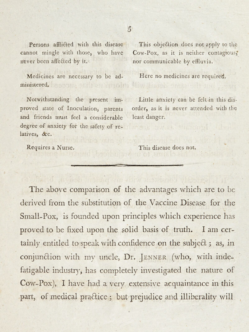 Persons afflifled with this disease cannot mingle with those, who have never been affe&ed by it. Medicines are necessary to be ad- ministered. Notwithstanding the present im- proved state of Inoculation, parents and friends must feel a considerable degree of anxiety for the safety of re- latives, See, Requires a Nurse, ru.1 ■ ■■■■■■ This obje£lion does not apply to the Cow-Pox, as it is neither contagious,' nor communicable by effluvia. Here no medicines are required. Little anxiety can be felt in this dis- order, as it is never attended with the least danger, \ .'A ' v •• / This disease does not. The above comparison of the advantages which are to be derived from the substitution of the Vaccine Disease for the Small-Pox, is founded upon principles which experience has proved to be fixed upon the solid basis of truth. I am cer- i » \ I tainly entitled to speak with confidence on the subjedt ; as, in conjunction with my uncle, Dr. Jenner (who, with inde- fatigable industry, has completely investigated the nature oi Cow-Pox), I have had a very extensive acquaintance in this part, of medical pradtice ; but prejudice and illiberally will