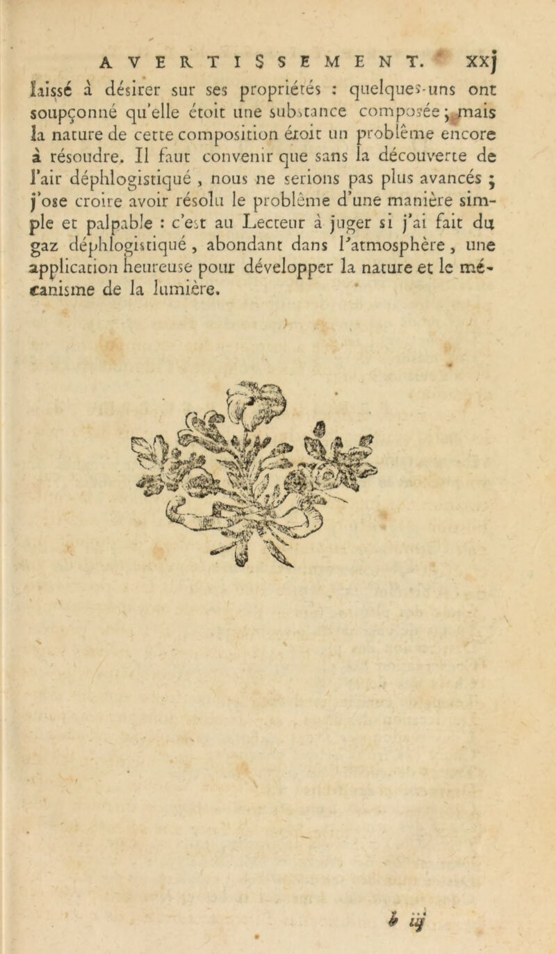 laissé a désirer sur ses propriétés : quelques-uns ont soupçonné qu’elle étoit une substance composée y.mais la nature de cette composition éioit un problème encore à résoudre. Il faut convenir que sans la découverte de l’air déphlogistiqué , nous ne serions pas plus avancés * j’ose croire avoir résolu le problème d’une manière sim- ple et palpable : c’est au Lecteur à juger si j’ai fait dix gaz déphlogistiqué , abondant dans l'atmosphère, une application heureuse pour développer la nature et le mé- canisme de la lumière.