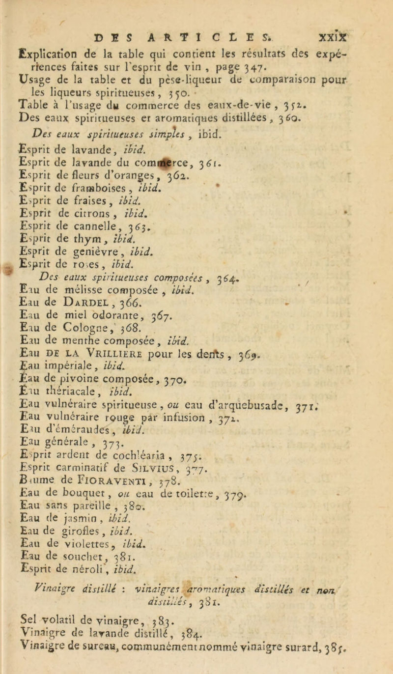 r DIS ARTICLES* XXIX Explication de la table qui contient les résultats des expé- riences faites sur l'esprit de vin , page 347. Usage de la table et du pèse-liqueur de comparaison pour les liqueurs spiritueuses, 350. Table à l’usage du commerce des eaux-de-vie, Des eaux spiritueuses et aromatiques distillées, 360. Des eaux spiritueuses simples , ibid. Esprit de lavande, ibid. Esprit de lavande du comnfcerce, 361. Esprit de fleurs d’oranges, 362. Esprit de framboises , ibid. Esprit de fraises, ibid. Esprit de citrons , ibid. Esprit de cannelle, 363. Esprit de thym, ibid. Esprit de genièvre, ibid. Esprit de ro.es, ibid. Des eaux spiritueuses composées , 3 64. Eiu de mélisse composée , ibid. Eau de Dardel , 366. Eau de miel odorante, 367. Eau de Cologne, 368. Eau de menthe composée, ibid. Eau de la Vrilliere pour les deifts , 369. Eau impériale, ibid. Eiau de pivoine composée, 370. E m thériacale, ibid. Eau vulnéraire spiritueuse , ou eau d’arquebusade, 371. Eau vulnéraire rouge par infusion , 371. Eut d’éméraudes, ibid. Eau générale , 373. E>prit ardent de cochléaria , 373. Esprit carminatif de SiLVIUS, 3^7. B mine de Fioraventi , 378. Eau de bouquet, ou eau de toilette, 379. Eau sans pareille , 380. Eau de jasmin , ibid. Eau de girofles, ibid. Eau de violettes, ibid. Eau de souchet, 381. Esprit de néroli', ibid. * Vinaigre distillé : •vinaigres aromatiques distillés et non distillés, 381. Sel volatil de vinaigre, 383. Vinaigre de lavande distillé, 384. Vinaigre de sureau, communément nommé vinaigre surard, 38;.