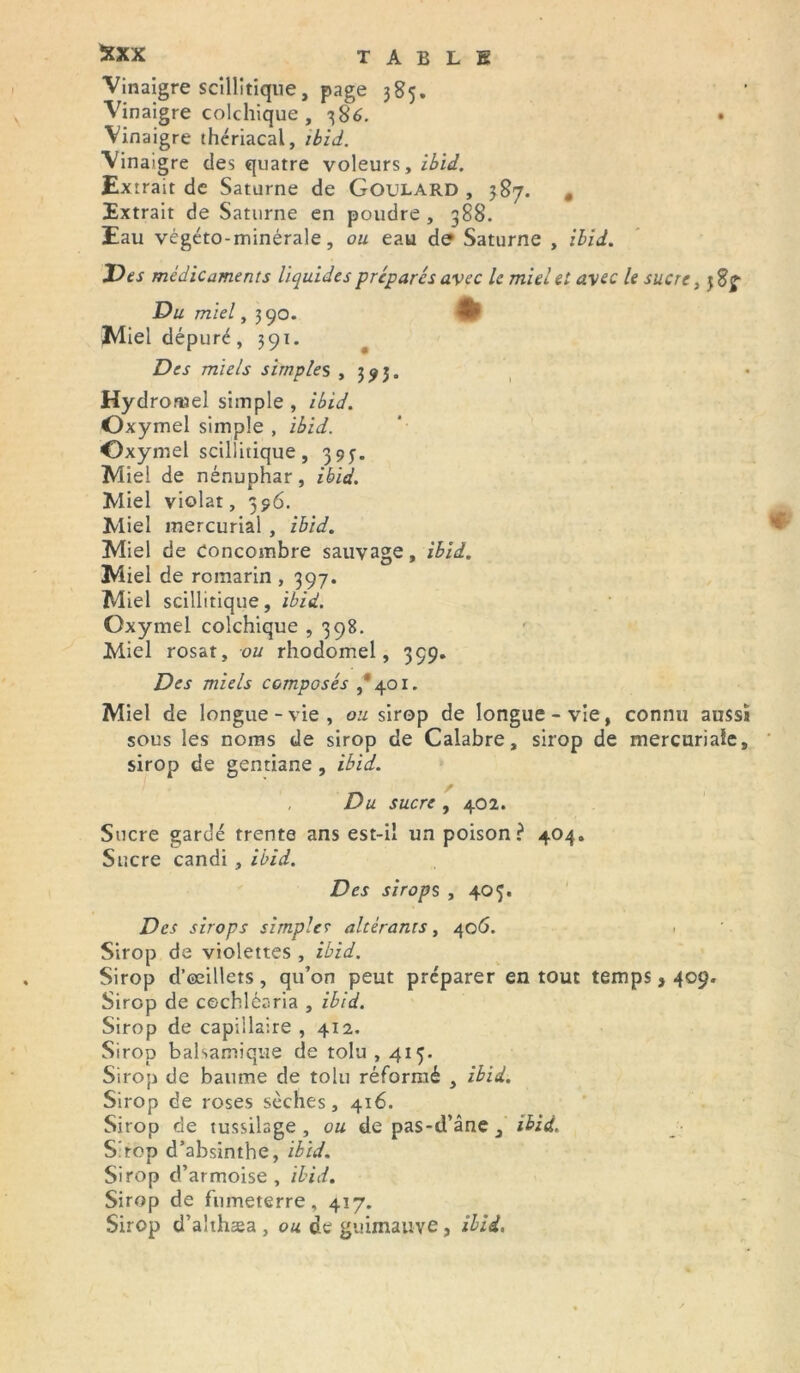 Vinaigre scillitique, page 385. Vinaigre colchique , 386. Vinaigre thériacal, ibid. Vinaigre des quatre voleurs, ibid. Extrait de Saturne de Goulard , 387. t Extrait de Saturne en poudre , 388. Eau végéto-minérale, ou eau de Saturne , ibid. Des médicaments liquides préparés avec le miel et avec le sucre, 38^ Du miel, 390. % Miel dépuré, 391. Des miels simples ,393. Hydromel simple , ibid. Oxymel simple , ibid. Oxymel scillitique, 395-. Miel de nénuphar, ibid. Miel violât, 396. Miel mercurial , ibid. Miel de Concombre sauvage, ibid. Miel de romarin , 397. Miel scillitique, ibid. Oxymel colchique , 398. Miel rosat, ou rhodomel, 399. Des miels composés ,'401. Miel de longue-vie, ou sirop de longue-vie, connu aussi sous les noms de sirop de Calabre, sirop de mercuriale, sirop de gentiane, ibid. f , Du sucre , 402. Sucre gardé trente ans est-il un poison? 404. Sucre candi , ibid. Des sirops , 405. Des sirops simples altérants, 406. Sirop de violettes , ibid. Sirop d’eeillets, qu’on peut préparer en tout temps, 409. Sirop de cechléaria , ibid. Sirop de capillaire , 412. Sirop balsamique de tolu , 415. Sirop de baume de tolu réformé , ibid. Sirop de roses sèches, 416. Sirop de tussilage, ou de pas-d’âne , ibid. S'rcp d’absinthe, ibid. Sirop d’armoise, ibid. Sirop de fumeterre, 417. Sirop d’althaea , ou de guimauve» j‘W.