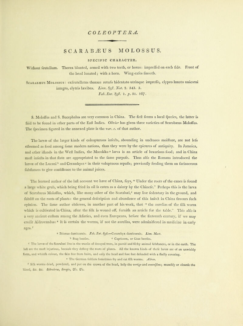 C 0 L E 0 F TE RA. scarabtEUs molds SUS. SPECIFIC CHARACTER. ■Without I'cutdlum. Thorax blunted, armed with two teeth, or horns: impreffed on each fide. Front of tlie head lunated 3 with a horn. 'Wing-cafes fmooth. ScAE.\B.EUS Molossus; exfcutellatus thorace retufo bidentato utrinque impreifo, clypeo lunato unicorni integro, elytris laevibus. Linn. Nat. 2. 543. 3. Fah.Lnt. Syjl. I./. 51. 167. S. Molofifus and S. Bucephalus are very common in China. The firfl: feems a local fpecles, the latter is faid to be found in other parts of the Eaft Indies. Olivier has given three varieties of Scarabaeus MololTus. The fpecimen figured in the annexed plate is the var. c. of that author. The lan-ae of the larger kinds of coleopterous infedts, abounding in undtuous moifture, are not lefs efteemed as food among fome modern nations, than they were by the epicures of antiquity. In Jamaica, and ether iflands in the Weft Indies, the Macokko a larva is an article of luxurious food3 and in China moft infedts in that ftate are appropriated to the fame purpofe. Thus alfo the Romans introduced the larvre of the Lucani’’ and Cerambyes <= in their voluptuous repafts3 previoufly feeding them on farinaceous fubliances to give confiftence to the animal juices. The learned author of the laft account we have of China, fays, “ Under the roots of the canes is found a large white grub, wEich being fried in oil is eaten as a dainty by the Chinefe.” Perhaps this is the larva of Scarabaeus Aloloflus, which, like many other of the ScarabEei,** may live fedentary in the ground, and fubfift on the roots of plants; the general defeription and abundance of this infedt in China favours fucli opinion. The fame author obferves, in another part of his w'ork, that “the aurelias of the filk worm which is cultivated in China, after the filk is wound off, furnifli an article for the table.” This alfo is a very ancient cuftom among the Afiatics, and even Europeans, before the fixteenth century, if we may credit Aldrovandus: ' it is certain the w'orms, if not the aurelias, were adminiftered in medicine in early ages.f ^ Prionus damicomis. Fai. Ent. Syjl.—Cerambyx damicornis. Linn. Mnnt.. Stag beetles. = Capricorn, or Goat beetles. c The larra of the Scarabaei live in the trunks of decayed trees, in putrid and filthy animal fubftances, or in the earth. The laft are the moft injurious, becaufe they deftroy the roots of plants. All the known kinds of thefe larvse are of an unwieldy farm, and whitifh colour, the Ikin free from hairs, and only the head and fore feet defended with a fhelly covering. e The German foldiers fometimes fry and eat filk worms. Aldrmi. f 5:'A worms dried, powdered, and put on the crown of the head, help the 'vertigo and convnljions-, mundify or cleanfe the blood, Ac. Ac. Svholerus, Seraph, ^c, S'c.