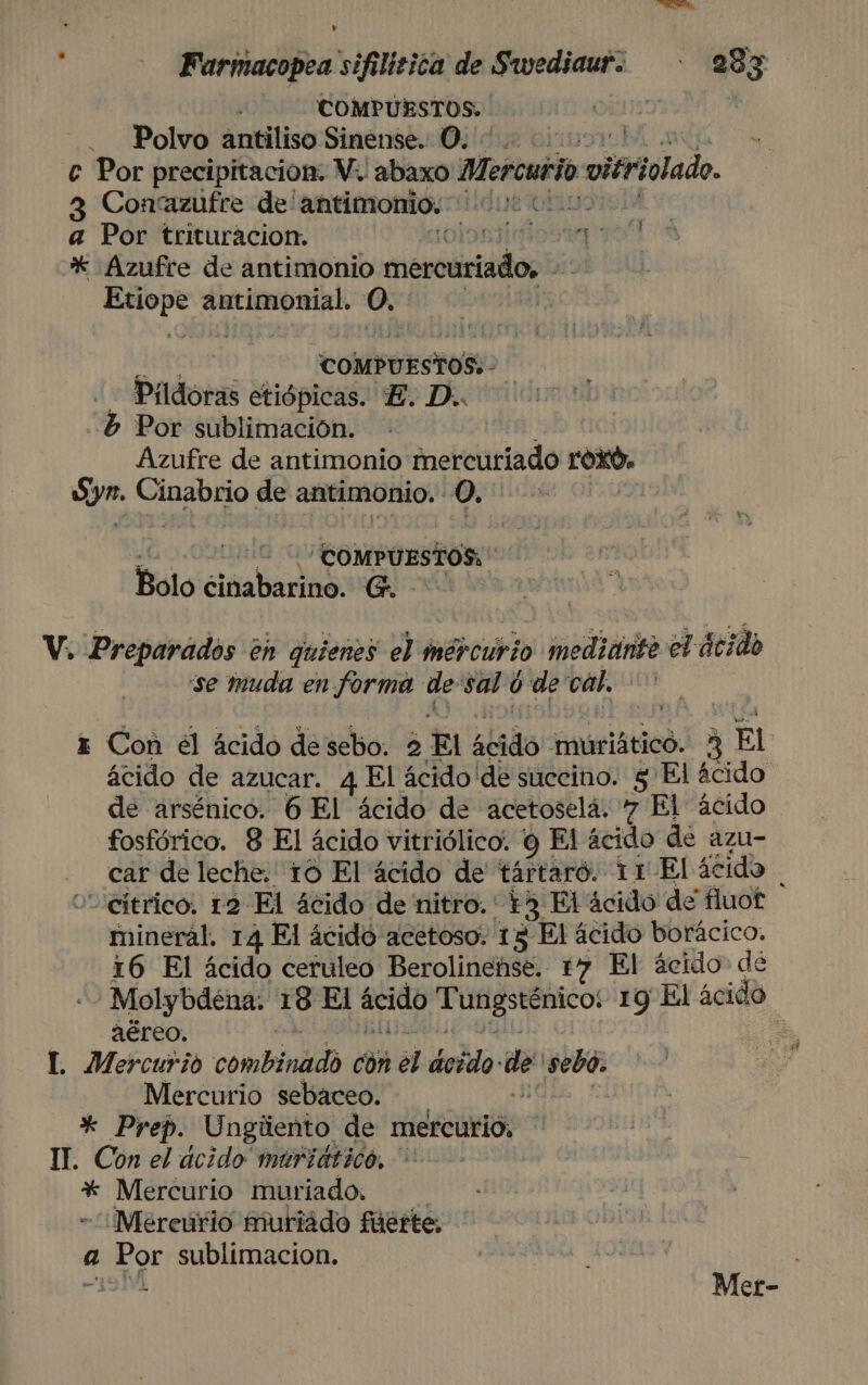 | COMPUESTOS. | Polvo antiliso Sinense. O. | e Por precipitación. V. abaxo Mercurio vitriolado. 3 Concazufre de antimonio. OLE DILIOTS A a Por trituracion. oiomiiosa y »* Azufre de antimonio mercuriado, 95d TS antimonial. o, COMPOESO z Padoras etiópicas. E. D.. b Por sublimación. Azufre de antimonio mercuriado roXÓ. e scan de antimonio. O, | dd COMPUESTOS, Bolo ciñabariió: E V. Preparados en quienes el mércurio mediante el ácido se muda en forma de sal Ó de ve, z Con él ácido desebo. 2 El ácido 'muriáticó. 3 El ácido de azucar. 4 El ácido de succino. 5 El ácido de arsénico. 6 El ácido de acetoselá. 7 El ácido fosfórico. 8 El ácido vitriólico. y El ácido de azu- car de leche. 10 El ácido de tártaró. 11 El £2ido ; cítrico. 12 El ácido de nitro. * +3 El ácido de fluof mineral. 14 El ácido acetoso. 15 El ácido borácico. 16 El ácido ceruleo Berolinense. 147 El ácido de Molybdena. 18 El ácido Tungsténico: 19 El ácido aéreo. IL. Mercurio combinado con el acido: mt sebo. Mercurio sebaceo. * Prep. Ungiiento de mercurio. | IL. Con el ácido murtdticó, + S * Mercurio muriado. “Mercurio muriádo fúerte, a Bos sublimacion. Mer-