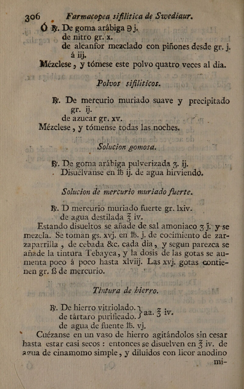 go6 , Farmacopea cele! de Swediaur. Ó m. De goma: arábiga aj. de nitro gr.X. de alcanfor mezclado con piñones desde gr. j. : adi. Mézclese » y tómese este polvo quatro veces de dia. Polvo: sifiliticos. E. De mercurio muriado suave y precipitado gr. ij. de azucar gr, xv. Mézclese , y tómense todas las. noches, ¿ mdd > Solucion SOMOSA. E. De goma arábiga pulverizada 3. ij. uh Disuélvanse en 1b ij. de agua hirviendo. | S olucion de mercurio muriado Fuerte. E. D mercurio muriado fuerte gr. Lxiv. de agua destilada 3 iv. | Estando disueltos se añade de sal amoniaco 3]: y: se mezcla. Se toman gs. xvj. en 1b. j. de cocimiento de zar- zaparrilla , de cebada 8tc. cada día, y segun parezca se añade la tintura Tebayca, y la dosis de las gotas se au- menta poco á poco hasta xlvi]. Las XV]. gotas contie- _ hen gr. 13 de mercurio. Le Intura de hierro. E. De hierro pibolado y ¡ de tártaro purificado. Y **- 5 Sá de agua de fuente 15. vj. * Cuézanse en un vaso de hierro agitándolos sin cesar hasta estar casi secos : entonces se disuelven en 3 iv. de avua de cinamomo simple, y diluidos con licor anodino ¡ mi-