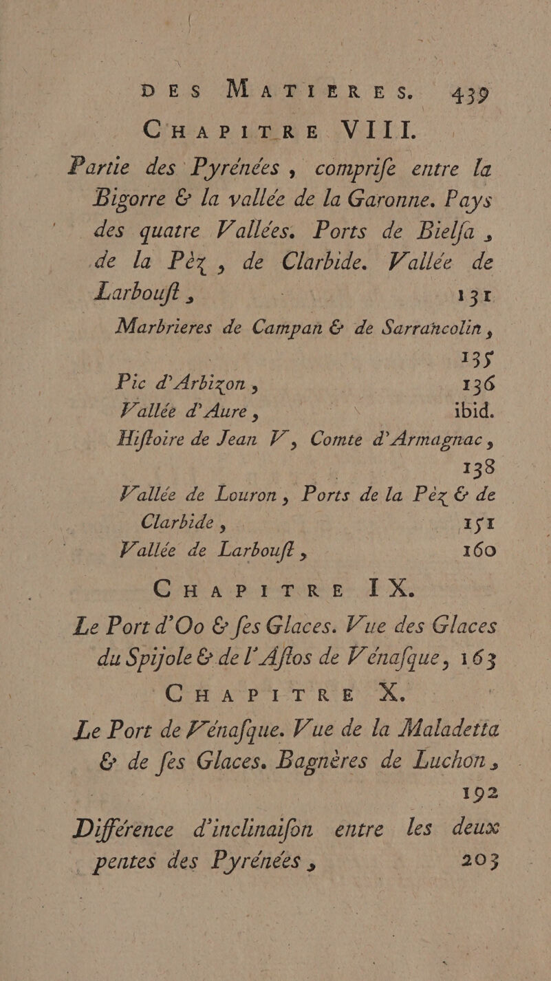 CHAPITRE VIII. Partie des Pyrénées, comprife entre la Bigorre &amp; la vallée de la Garonne. Pays des quatre Vallées. Ports de Bielfa , de la Pèz , de Clarbide. Vallée de Larbouft , 130 Marbrieres de Campan &amp; de Sarrancolin , | 135 Pic d’'Arbizon, 136 Vallée d'Aure, iÉ ibid. Hifloire de Jean VW, Comte d’ Armagnac, 138 Vallée de Louron, Ports de la Pez &amp; de Clarbide , at LS Vallée de Larbouft, 160 Gain roro 8 1 X: Le Port d'Oo &amp; fes Glaces. Vue des Glaces du Spijole &amp; de l’Aftos de V'énafque, 15 CÉBVAND ET RE NN 1e Le Port de Vénafque. Vue de la Maladerta &amp; de fes Glaces. Bagnères de Luchon, LS FU TOS Différence d’inclinaifon entre les deux _ pentes des Pyrénées ; 203