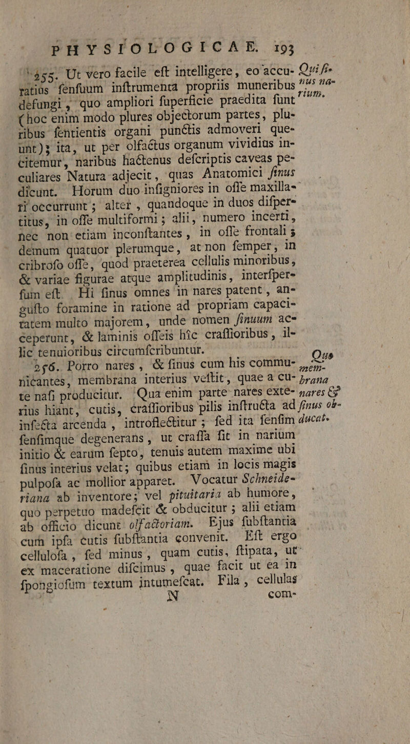$55. Ut vero facile eft intelligere, eo accu- Qvi ratius fenfuum inftrumenta propriis muneribus 75 - defungi, quo ampliori fuperficie praedita funt pet (hoc enim modo plures objectorum partes, plu- ribus fentientis organi punctis admoveri que- unt); ita, ut per olfactus organum vividius in- citemur, naribus hactenus defcriptis caveas pe- culiares Natura adjecit, quas Anatomici fimus dicunt. Horum duo infisniores in offe maxilla-- rti occurrunt; alter , quandoque in duos difper- titus, in offe multiformi ; alit, numero incerti, nec non etiam inconítantes , in offe frontal ; demum quatuor plerumque, at non femper, in cribrofo offe, quod praeterea cellulis minoribus , &amp; variae figurae atque amplitudinis, interfper- fum eft. Hi finus omnes in nares patent , an» sufto foramine in ratione ad propriam capaci- tatem multo majorem, unde nomen finuum ac- ceperunt, &amp; laminis offeis hic craffioribus , il- lic tenuioribus circumfcribuntur. | 256. Porro nares , &amp; (finus cum his commu- Nu nicantes, membrana interius veflit, quae a cu- rods te nafi producitur. - Qua enim parte nares exté- gares C? rius hignt, cutis, craffioribus pilis inftruéta ad finus ob- infe&amp;a arcenda , introfleCtitur ; fed ita fenfim duca:- fenfimque degenerans, ut craffa fit in narium initio &amp; earum fepto, tenuis autem maxime ubi finus interius velat; quibus etiam in locis magis pulpofa ae mollior apparet. Vocatur Schneide- riana ab inventore; vel pituitaria ab humore, quo perpetuo madefcit &amp; obducitur ; alii etiam 4b offcio dicunt olfa&amp;eriam. Ejus fubftantia curh ipfa cutis fubftantia conveni. Eft ergo cellulofa , fed minus, quam cutis, ftipata, ut^ ex maceratione difcimus , quae facit ut ea in fpongiofum textum jintumefcat, Fila, cellulas : com. -
