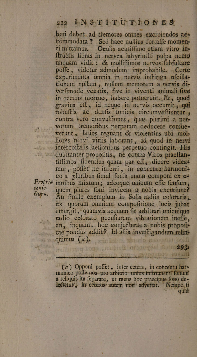 Propria conje- &amp;ura. 22 LNSTITUTLONES. commodata ? Sed haec nullius fortaffe momen- ti mittamus. | Oculis acuüiflimo etiam vitro itl ftrüctis fibras in nervea labyrinthi pulpa nemig unquam vidit i &amp; molliffimos nervos ;fübfultare. poffe, videtur admodum improbabile. .. Certe experimenta omnia in nervis inílituta ofcillas tionem nullam nullum tremotem a nervis di- verfimode vexatis, five in viventi animali five in recens mortuo, habere potuerunt. Er, quod gravius eft, id neque in ne:vis occurtit , .quii robuftis. ac denfis tunicis. circumveftiuntur ; contra vero convulfiones , quas. plurimi a ner- vorum. tremoribus perperam deducere confue- verunt, latius regnant é&amp; violentius ubi mol- liores nervi vitis laborant; id quod in nervi intercoftalis laefionibus perpetuo contingit. His tiffimos fidentius quam par eit; dicere videas mur, poflet ne inferri, in' concentu: hatmonis coa pluribus fimul fonis unum eomponi ex o« mnibus mixtum;. adeoque. unicum efle fenfum quem plures foni invicem..a nobis excutiunt? An fimile exemplum in Solis radiis colotatis;. ex quorum omnium. compofidone lucis jubaf . erhergit , quamvis aequum fit arbitrari unicuique. radio colorato peculiarem, vibratdionem ineffe;: an, inquam,. hoc conjecturae a. nobis propofi» tae pondus addit? ld alus inveftigandum relin quimus (4). sbioro snecpm: eoidl T ^0f ' T tit 293. (4) Opponi poffet, inter cetera, in co haf* 1nonico. pofTe nos--pro-arbitrio-untusi | 3 reliquis ita feparare, ut mens hoc xraecipue fono de- | , l| ceteros autem nom advertit | a qt
