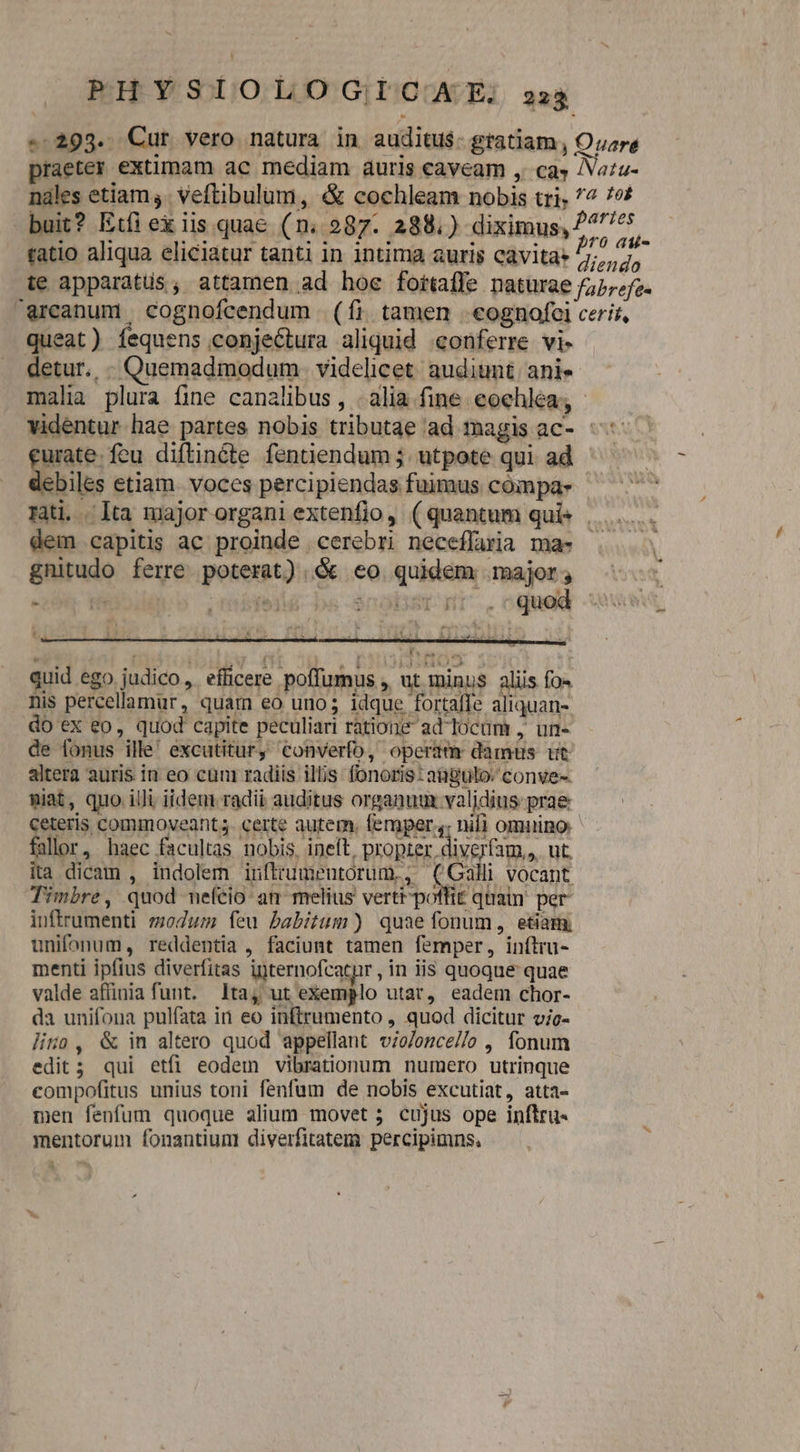 PHYSIOLOG|IEOXE; 3 » 293. Cur vero natura in auditus. gratiam , Ovare praeter extimam ac mediam auris caveam ,. ca» /Vazu- nales etiam. veftibulüum, &amp; cochleam nobis tri, ^^ 7f buit? Etfi ex iis quac. (n. 287. 288.) diximus, 777^ ratio aliqua eliciatur tanti in intima auris cavitas 77,7, te apparatus , attamen ad hoe fortaffe naturae /72;«f- arcanum |cognofcendum | (fi. tamen |.€ognofci ceri, queat) fequens conjectura aliquid conferre vi- detur. - Quemadmodum. videlicet. audiunt. anie malia plura fine canalibus, .alia fine eoehlea; - videntur hae partes nobis tributae ad magis ac- ^ urate. feu diftincóte fenüendum ;. utpote qui. ad jbiles etiam. voces percipiendas fuimus compas rii. Ita majororganiextenfio, (quantum quis |... dem capitis ac proinde cerebri necefíaria mas gnitudo ferre poterat) &amp; eo quidem major;  I. : LS  BEIETCHTI.. quod quid ego judico, efficere poffumus , ut minus aliis fo- nis percellamur, quam eo uno; idque fortaffe aliquan- do ex eo, quod capite peculiari ratione ad locum , un- de fonus ille' excutitur converfo, operam damus ut altera auris in eo cuni radiis illis fonoris: aügulo. conve-- niat, quo illi iideur radii auditus organum validius prae Ceteris commoveant 5. certe autem, femper. nifi omuino fallor, haec facultas nobis, ineft, propter diverfam,,. ut. ita dicam , indolem infltumeuntorum., (Galli vocant Timbre, quod nefcio an melius vertt-poffit quai per- inftrumenti zodum feu babitum ) quae fonum, etiam, unifonum, reddentia , faciunt tamen femper, inftru- menti ipfius diverfitas ipternofcacur , in iis quoque quae valde affinia funt. ta, ut exemplo utar, eadem chor- da unifona pulfata in eo inftrumento , quod dicitur vic- liso, &amp; in altero quod appellant vio/ozce//o , fonum edit; qui etfi eodem vibrationum numero utrinque compofitus unius toni fenfum de nobis excutiat, atta- men fenfum quoque alium movet 5 cujus ope inftru- mentorum fonantium diverfitatem percipimns,