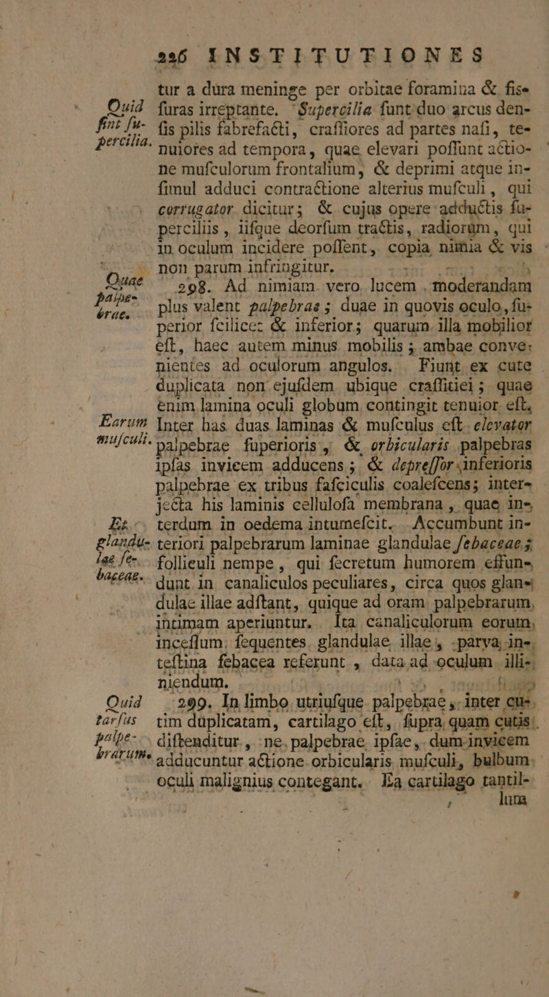 id pa percilia. XN Quae pa4ipe- érat. Earum suufculi. Er glaudu- jq fe-. bacca. uid Es peibe : bratuthe a6 INSTITUTIONES tur a düra meninge per orbitae foramina &amp; fise furas irreptante. 'Supercilia funtduo arcus den- fis pilis fabrefacti, craffiores ad partes nafi, te- nuiores ad tempora, quae elevari poflunt actio- ne mufculorum frontalium, &amp; deprimi atque in- fimul adduci contraCtione alterius mufculi, qui cerrugator dicitur; &amp; cujus opere adductis fu- perciliis , iifgue deorfum tra&amp;tis, radiorum, qui in oculum incidere poffent, copia nimia &amp; vi non parum infringitur. pani LfNN] 20OIB . 298. Ad nimiam. vero. lucem . moderandam plus valent galpebras; duae in quovis oculo, fu- perior fcilicez &amp; inferior; quarum. illa mobilior eft, haec autem minus mobilis ; ambae conve: nientes ad oculorum angulos. | Fiunt ex cute duplicata nom ejufdem ubique craffiiei; quae enim lamina oculi globum. contingit tenuior. eft Inter has duas laminas &amp; mufculus eft. elevator palpebrae füperlors , € oerbicularis palpebras ipfas invieem adducens ;. &amp; depre[]or inferioris palpebrae ex tribus fafciculis coalefcens; inter» jecta his laminis cellulofa membrana , quae in- terdum. in oedema intumefcit. ..Accumbunt in- teriori palpebrarum laminae glandujae febaceae 5 folieuli nempe , qui f:cretum humorem effun- dunt.in canaliculos peculiares, circa quos glans dulae illae adftant, quique ad oram. palpebrarum, intimam aperiuntur. Ita canaliculorum eorum, inceflum; fequentes. glandulae. illae , -parya; ine. teflina febacea referunt , data ad oculum illi. 299. In limbo utriufque palpebzaé y. inter cu. tim düplicatam, cartilago eft, fupra quam cutis. diftenditur., ne. palpebrae. ipfae,. dum. invicem adducuntur actione. orbicularis mufculi, bulbum: Fk lura