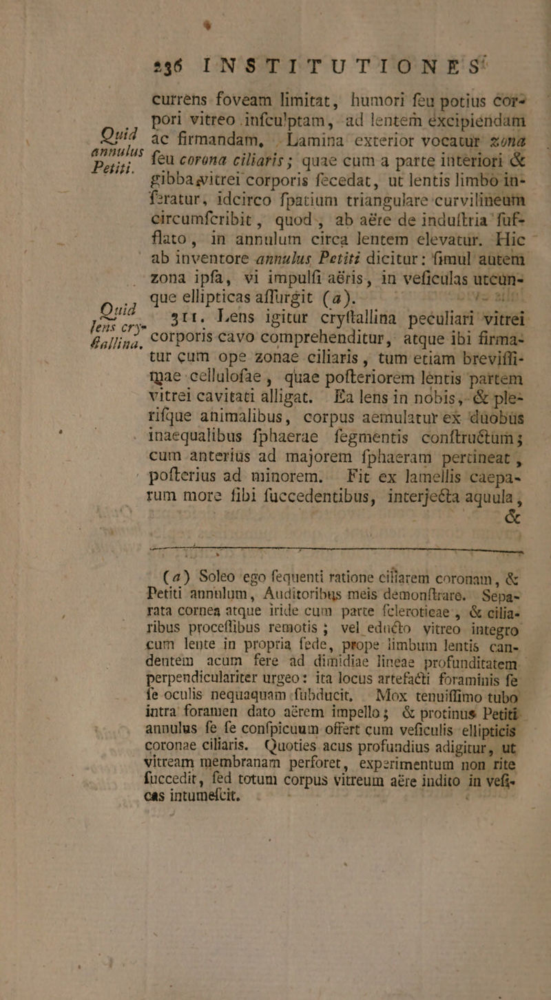 $ $66 INSTITUTIONES: currens foveam limitat, humori feu potius Cor- pori vitreo .infcu'ptam, ad lentem éxcipiéndam feu corona ciliaris; quae cum a parte interiori &amp; gibba yitrei corporis fecedat, ut lentis limbo in- fratur, idcirco fpatium triangulare curvilineum circumfcribit, quod, ab a8&amp;re de indulítria füf- flato, in annulum circa lentem elevatur. Hic ab inventore annulus Petiti dicitur: (imul autem . zona ipfa, vi impulfi a&amp;ris, in vefieulas utcün- , que ellipticas affurgit (a). — FRA dee . 311. Lens igitur cryftallina peeuliari vitrei- corporis cavo comprehenditur, atque ibi firma- tur cum ope zonae ciliaris , tum etiam breviffi- mae cellulofae , quae pofteriorem lentis partem vitrei cavitati alligat. | Ea lens in nobis;- &amp; ple- rifjue animalibus, corpus aemulatur ex düobtüs inaequalibus fphaerae fegmentis conftruétum ; cum anterius ad majorem fphaeram pertineat , pofterius ad minorem. Fit ex lamellis caepa- rum more fibi fuccedentibus, interje&amp;ta aquula , LI ! . . t1 (4) Soleo 'ego fequenti ratione ciliarem coronam, &amp; Petiti annulum, Auditoribus meis demonftrare. | Sepa- rata cornea atque iride cum parte fcleroticae ,. &amp; cilia- ribus proceflibus remotis ; vel educto vitreo integro. cum lente in propria fede, prope limbum lentis can- dentem acum fere ad dimidiae lineae profunditatem - perpendiculariter urgeo: ita locus artefacti foraminis fe fe oculis nequaquam :fübducit, ^ Mox tenuiffimo tubo intra foramen dato aérem impello; &amp; protinus Petitb- annulus fe fe confpicuum offert cum veficulis ellipticis coronae ciliaris. Quoties acus profundius adigitur, ut vitream membranam perforet, experimentum non rite fuccedit, fed totum corpus vitreum aére indito in vefi- cas intumetcit. ; :