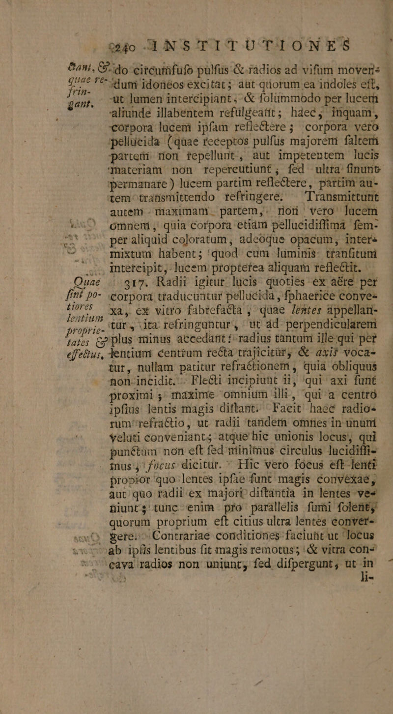 Cani, C9. do circutifufo pulfus &amp; rádios ad vifum movers - j i d ^ dum idoneos excitat; aut qtiorum ea iüdoles ett, gap, Ut lumen intercipiant '&amp; folümmodo per lucem aliunde illabentem refülgeatit; hdec, inquam, corpora lucemi ipfam refleCtere ;; corpora vero peliueida (quae receptos pulfus majorem falterü parteni ron repellunt, aut impetentem lucis Tnateriam non repereutiunt; fed ultra: finunt permanate ) lucem partim reflectere, partim au- tem ^transmittendo refringere. ^ Transmittunt | autem . maximam partem, . non vero lücem V^ gmmeni, qüia corpora etiam pellucidiffima fem- «s 7^. peraliquid coloratum; adeoque opacum; inter« 7 . mixtum habent; quod cum luminis: tfanfitum o mntetcipit,: lucem proptetea aliquam refle&amp;tit. Quaé . 317. Radi igitur lucis quoties ex are. per fit? po- Corpora ttaducuntur pellucida , fphaerice conve« P, XA» EX vitro fabrefatta , quae Jrmtes appellan- eunnum |. Lor .: : PME EA Tr propric. tt» dta refringuntur, ut ad perpendicularem tate; Cp plus minus accedant «radius tantum ille-qui pet effe&amp;us, entium centrum re&amp;ta trajicitüry &amp; axis voca- tur, nullam patitur refraétionem , quia obliquus non incidit... Flecti incipiunt ii, qui axi funt proximi; maxime omnium illi, qui a centró ipfius lentis magis diftamt. Faeit haec radio- rum'refractio, ut radii taridetn omnes in ununi velati conveniant; atque hie unionis locus, qui punétum non eft fed wiinimus circulus lucidiffi- fnus4 focus dicitur. * Hic vero focus eft lenti propior quo lentes ipfie funt magis convéxae, aut quo radii ex majori diftantia in lentes ves niuntg tunc enim pro parallelis furi folent, quorum proprium eft citius ultra lentes eonver- «x0 Seres^ Contrariae conditiones faciuht ut 'Jocus wv cab ipfis lentibus fit magis remotus; '&amp; vitra cons *^'eava radios non unijunt, fed difpergunt; ut à o 1-