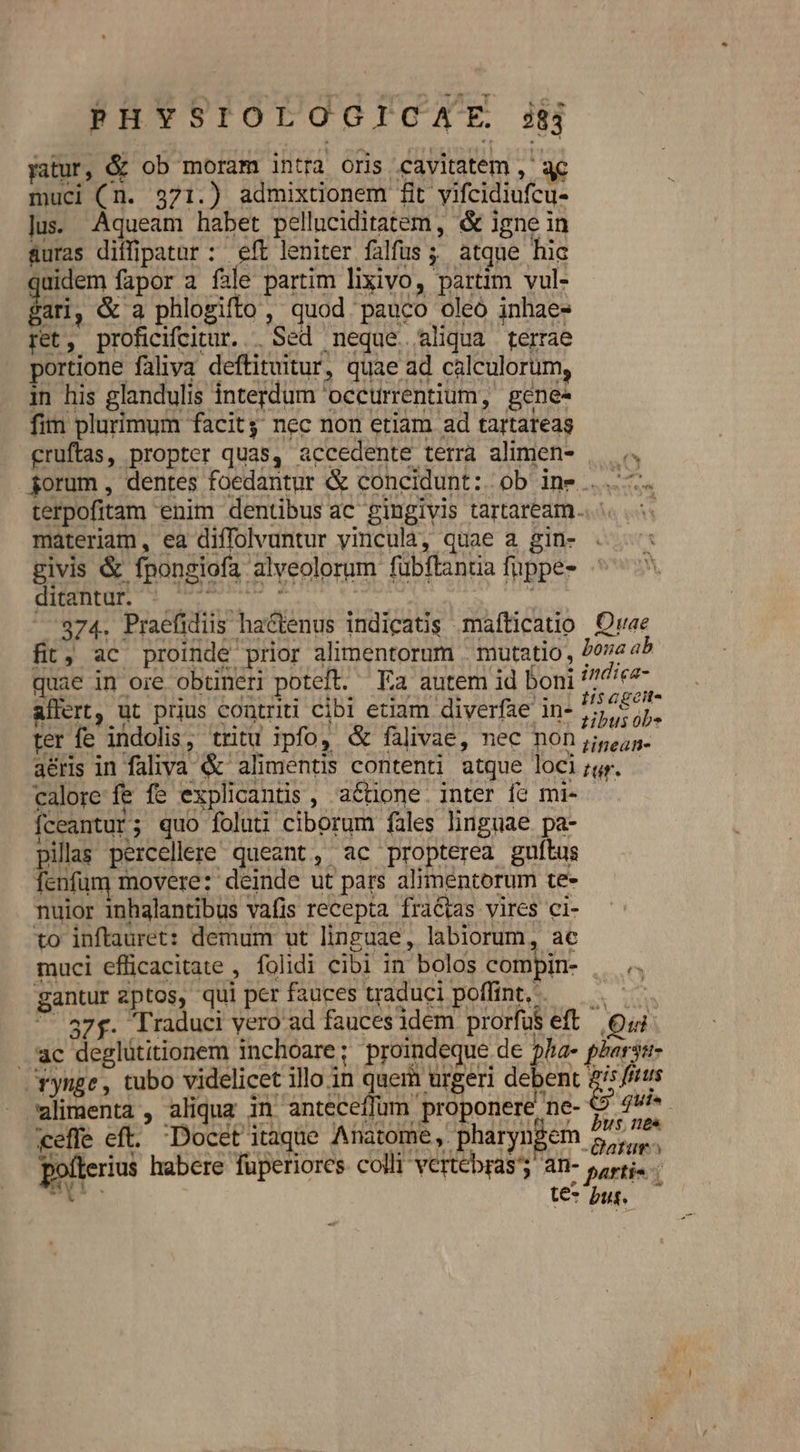 -— u^ PHYSIOLOGICAE 38 yatur, &amp; ob moram intra oris cavitatem ,' ac muci (n. 371.) admixtionem fit yifcidiufcu- Jus. Aqueam habet pelluciditatem, &amp; igne in auras diffipatar : eft leniter falfus ; atque hic uidem fapor a fale partim lixivo, partim vul- ju: &amp; a phlogifto , quod pauco oleó inhae- pet, proficifcitur. . Sed neque. aliqua terrae portione faliva deftituitur, quae ad calculorum, in his glandulis interdum 'oceurrentium, gene- fim plurimum facitg nec non etiam ad tartareag cruftas, propter quas, accedente terrà alimen- |... jorum , dentes foedantur &amp; concidunt: ob ine ...—. terpofitam enim dentibus ac gingivis tartaream..« .« materiam, ea diffolvuntur vincula, quae a gin- givis &amp; fpongiofa alveolorum fübftantia fuppe- co oco Bossa cde P UR l 7974. Praefidiis hactenus indicatis mafticatio Quae fit; ac proinde prior alimentorum . mutatio , ora ab quae in ore obüuneri poteft. Ka autem id boni Jodie alert, ut prius contriti cibl etiam diverfae in- de ter fe indolis, tritu ipfo, &amp; falivae, nec non goi. aeris in faliva &amp; alimentis contenti atque loci;ur. calore fe fe explicantis , actione. inter fe mi- - fceantur; quo foluti ciborum fàles linguae pa- illas percellere' queznt, ac propterea gultus fenfum movere: deinde ut pars alimentorum te- nuior inhalantibus vafis recepta fraétas vires ci- to inftauret: demum ut linguae, labiorum, ac muci efficacitate , folidi cibi in bolos compin- ——.. gantur zptos, qui per fauces traduci poffint. | - 47f. Yraduci vero ad fauces idem prorfus eft ac deglütitionem inchoare; proindeque de 5ha- pharja- 1 $ ES * Yynge, tubo videlicet illo in quem urgeri debent piens ulimenta, aliquz in anteceíffum proponere ne- z di efle eft. Docet itaque Anatome, pharyngem 55,5.^ ppterius habere fuperiores colli vertebra 4n- sugti. - nv. . te* but. »